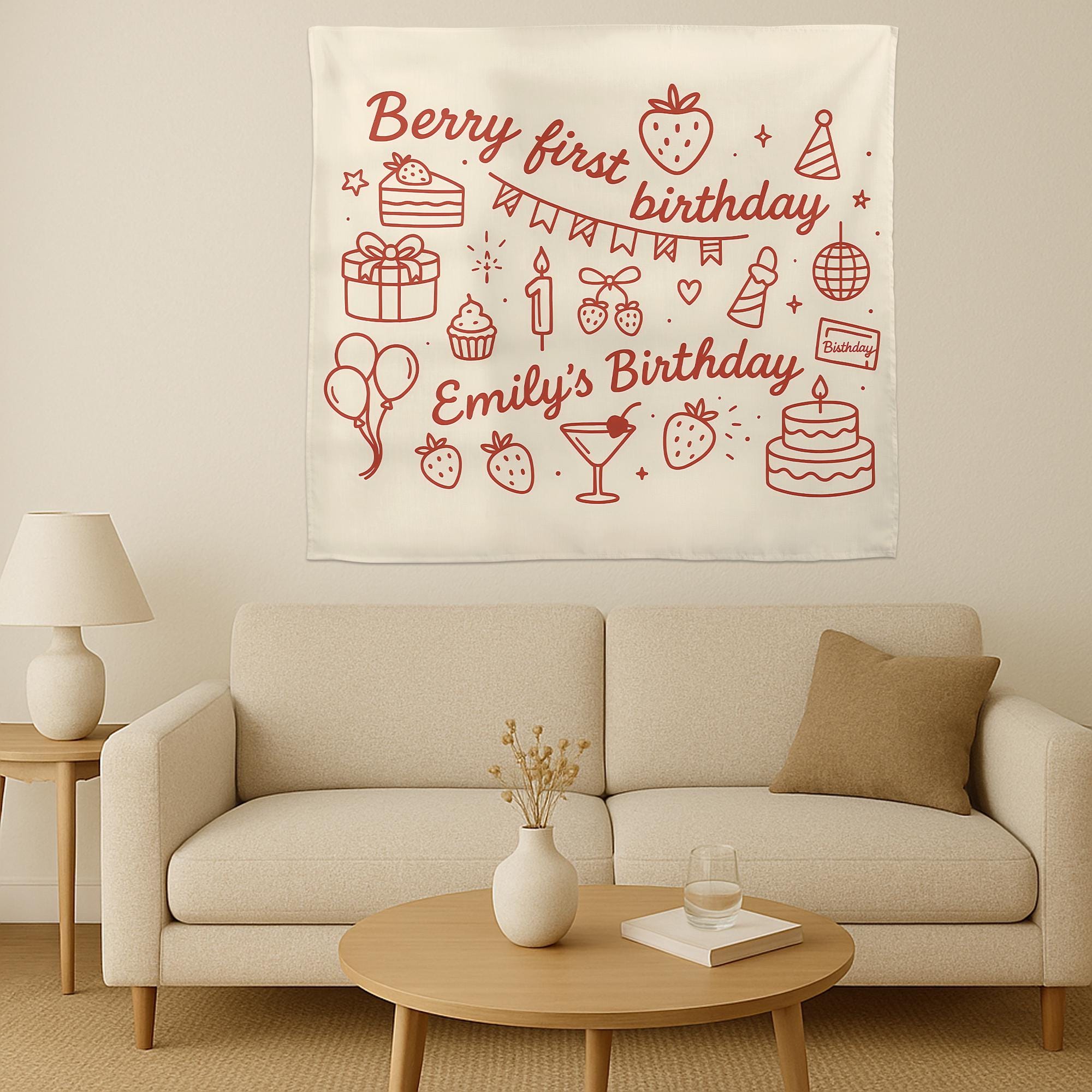 Berry First Birthday Tapestry, Strawberry Theme Wall Banner, Custom Name 1st Birthday Decor, Girl Party Photo Backdrop Gift