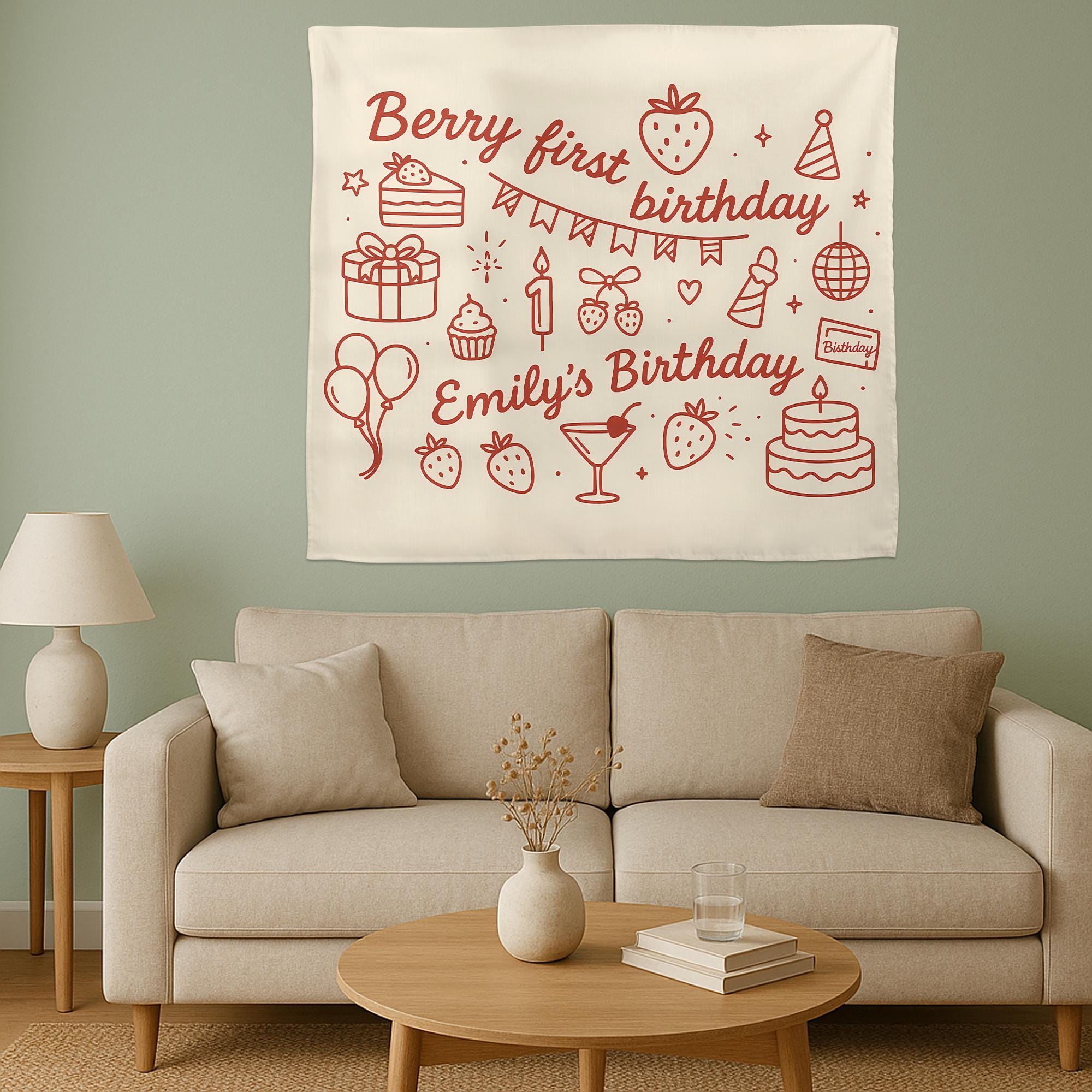 Berry First Birthday Tapestry, Strawberry Theme Wall Banner, Custom Name 1st Birthday Decor, Girl Party Photo Backdrop Gift