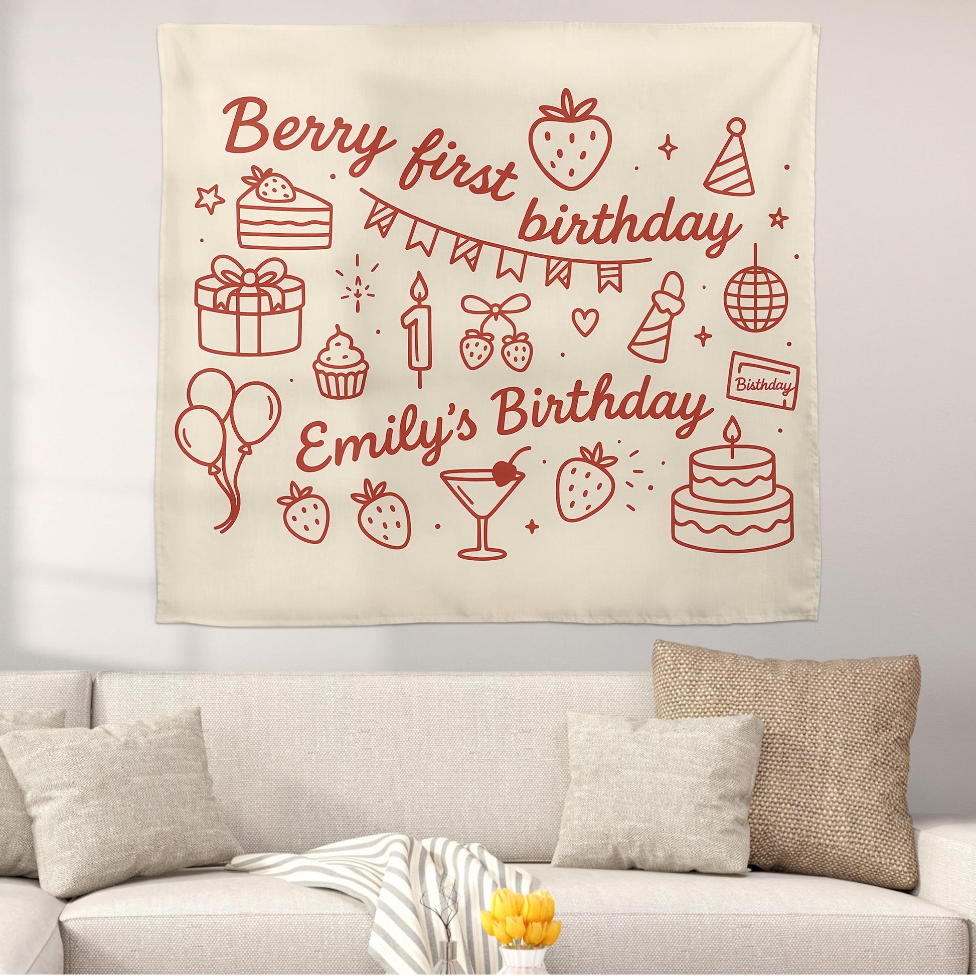 Berry First Birthday Tapestry, Strawberry Theme Wall Banner, Custom Name 1st Birthday Decor, Girl Party Photo Backdrop Gift