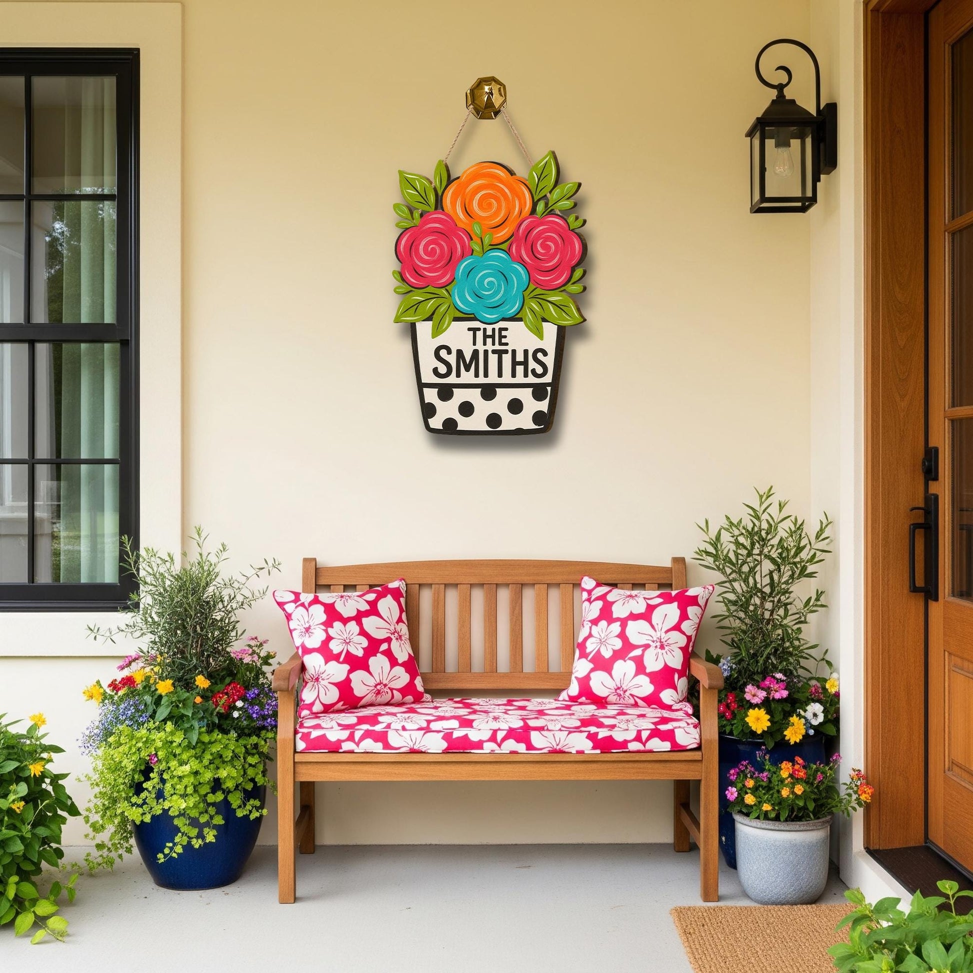 Personalized Floral Door Sign, Custom Family Name Sign, Summer Front Door Decor, Wood Flower Welcome Sign, Housewarming Gift