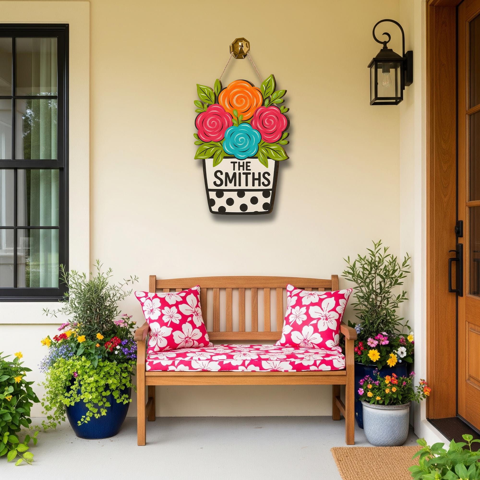 Personalized Floral Door Sign, Custom Family Name Sign, Summer Front Door Decor, Wood Flower Welcome Sign, Housewarming Gift