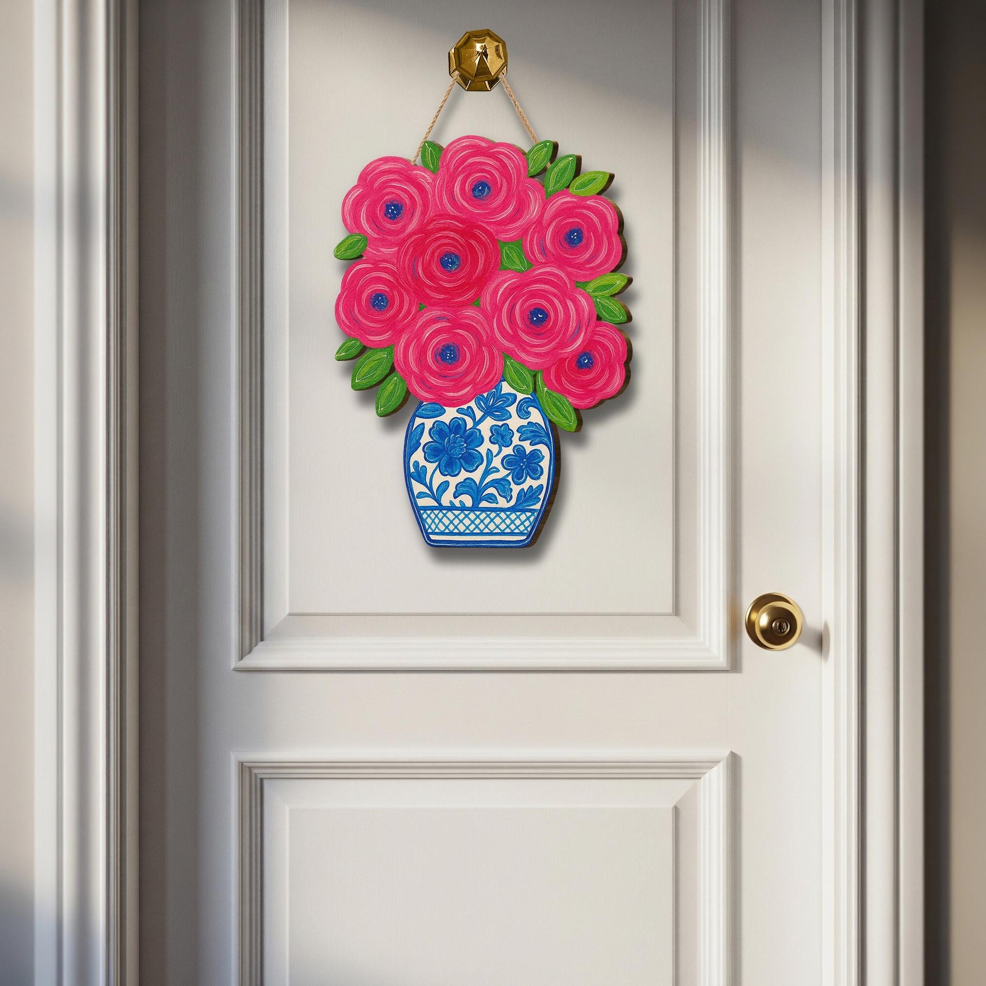 Chinoiserie Floral Door Hanger, Blue and White Vase Wood Sign, Hand Painted Spring Decor, Elegant Front Door Sign, Porch Accent