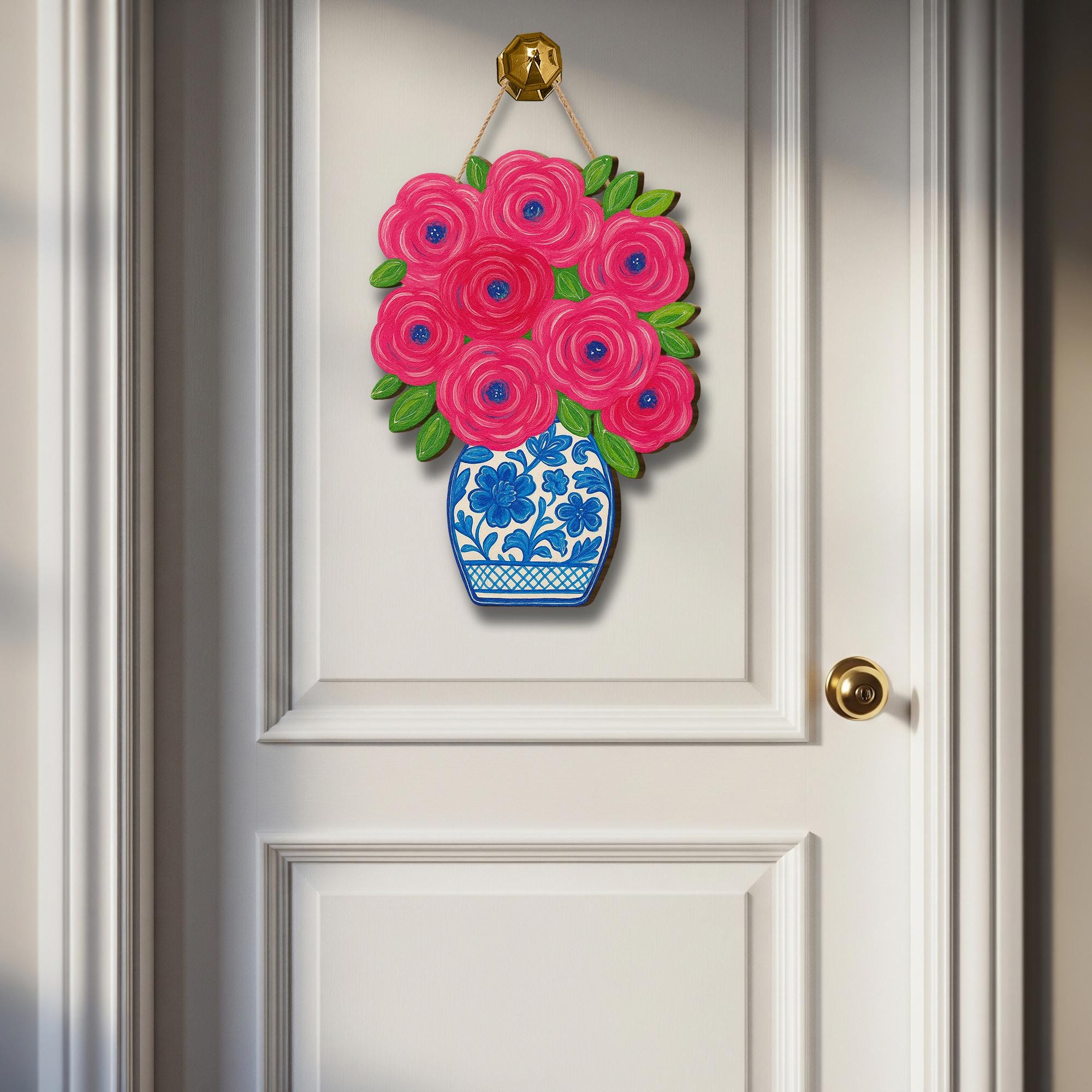 Chinoiserie Floral Door Hanger, Blue and White Vase Wood Sign, Hand Painted Spring Decor, Elegant Front Door Sign, Porch Accent