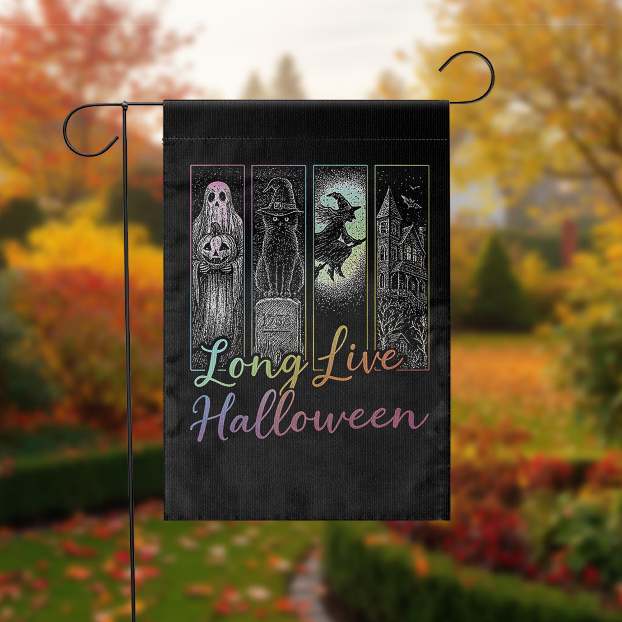 Long Live Halloween Garden Flag, Spooky Witch Ghost Outdoor Decor, Gothic Haunted House Yard Sign, Halloween Porch Banner