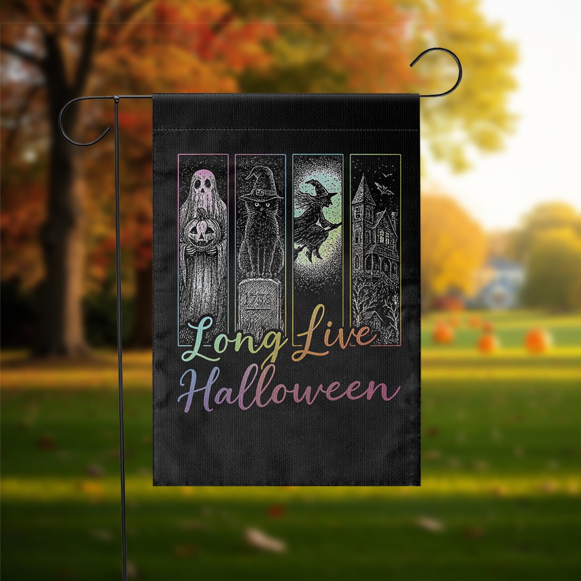 Long Live Halloween Garden Flag, Spooky Witch Ghost Outdoor Decor, Gothic Haunted House Yard Sign, Halloween Porch Banner