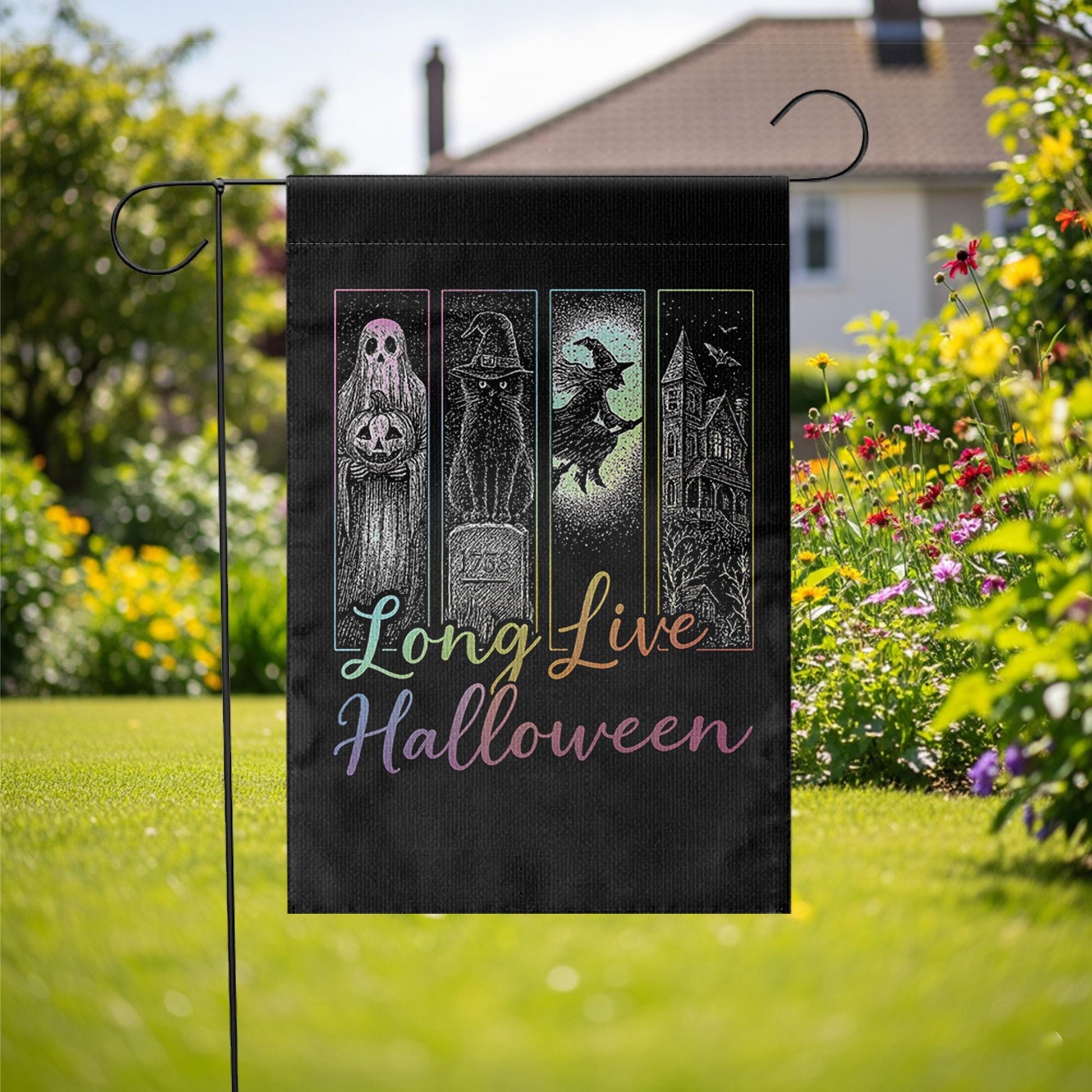 Long Live Halloween Garden Flag, Spooky Witch Ghost Outdoor Decor, Gothic Haunted House Yard Sign, Halloween Porch Banner