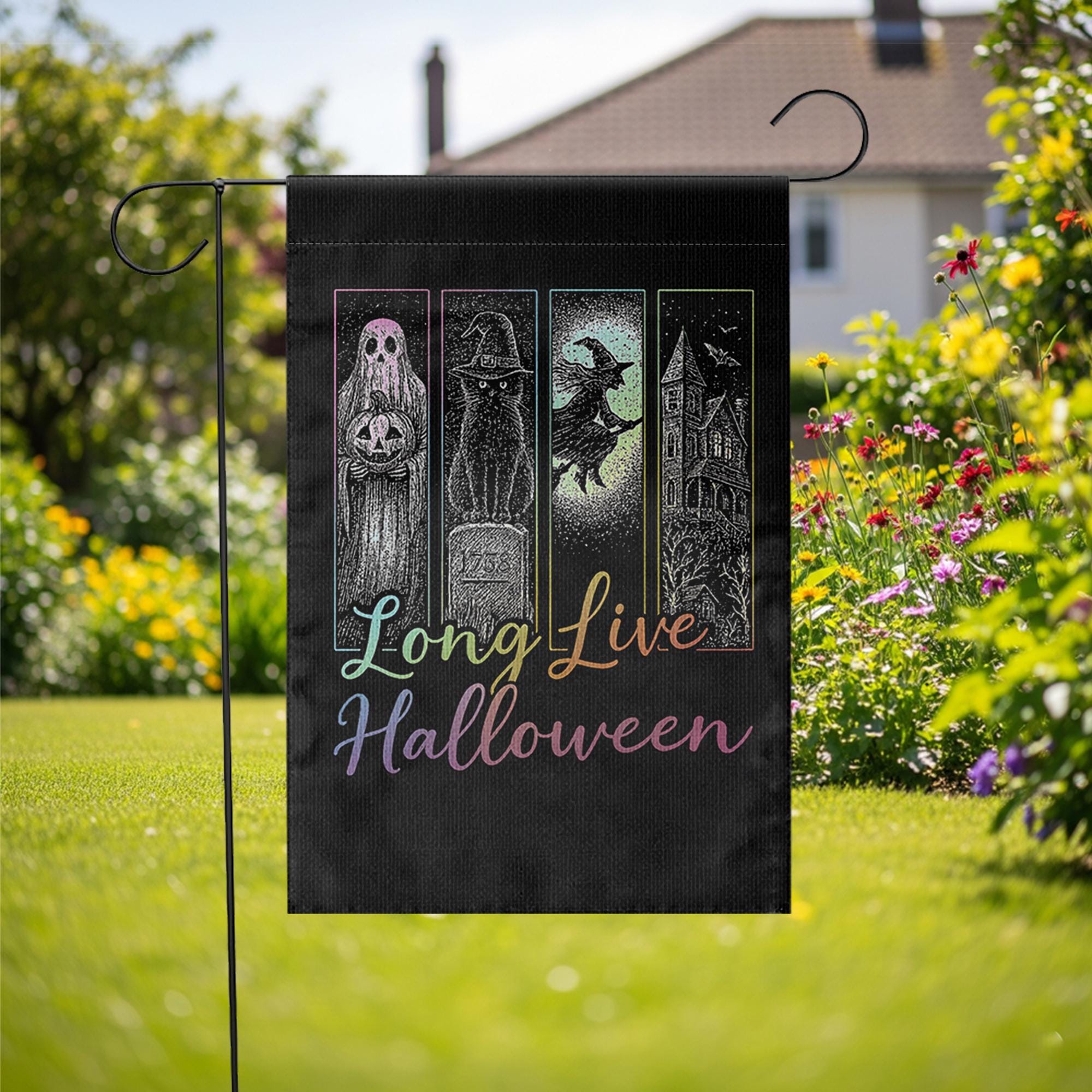 Long Live Halloween Garden Flag, Spooky Witch Ghost Outdoor Decor, Gothic Haunted House Yard Sign, Halloween Porch Banner