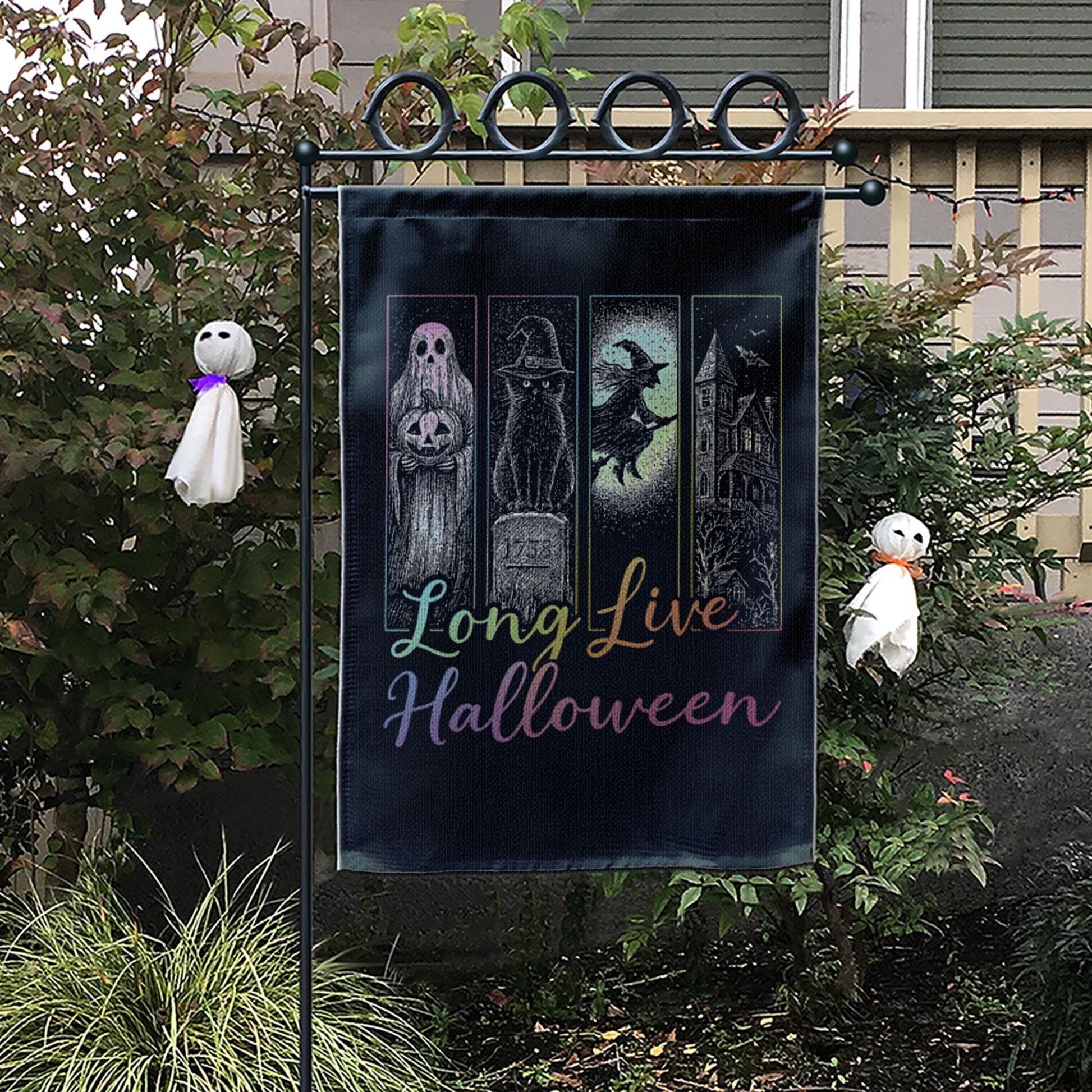 Long Live Halloween Garden Flag, Spooky Witch Ghost Outdoor Decor, Gothic Haunted House Yard Sign, Halloween Porch Banner