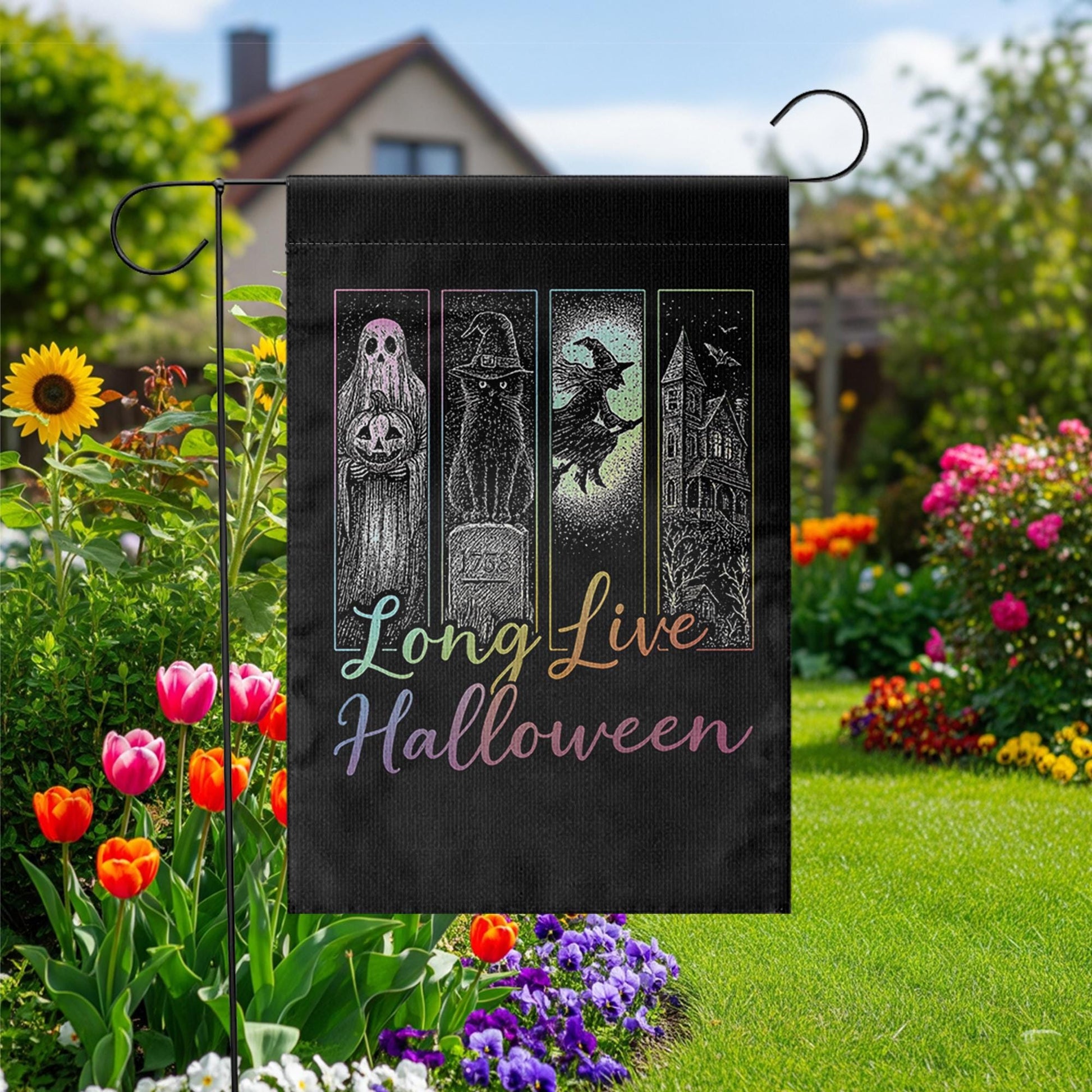 Long Live Halloween Garden Flag, Spooky Witch Ghost Outdoor Decor, Gothic Haunted House Yard Sign, Halloween Porch Banner