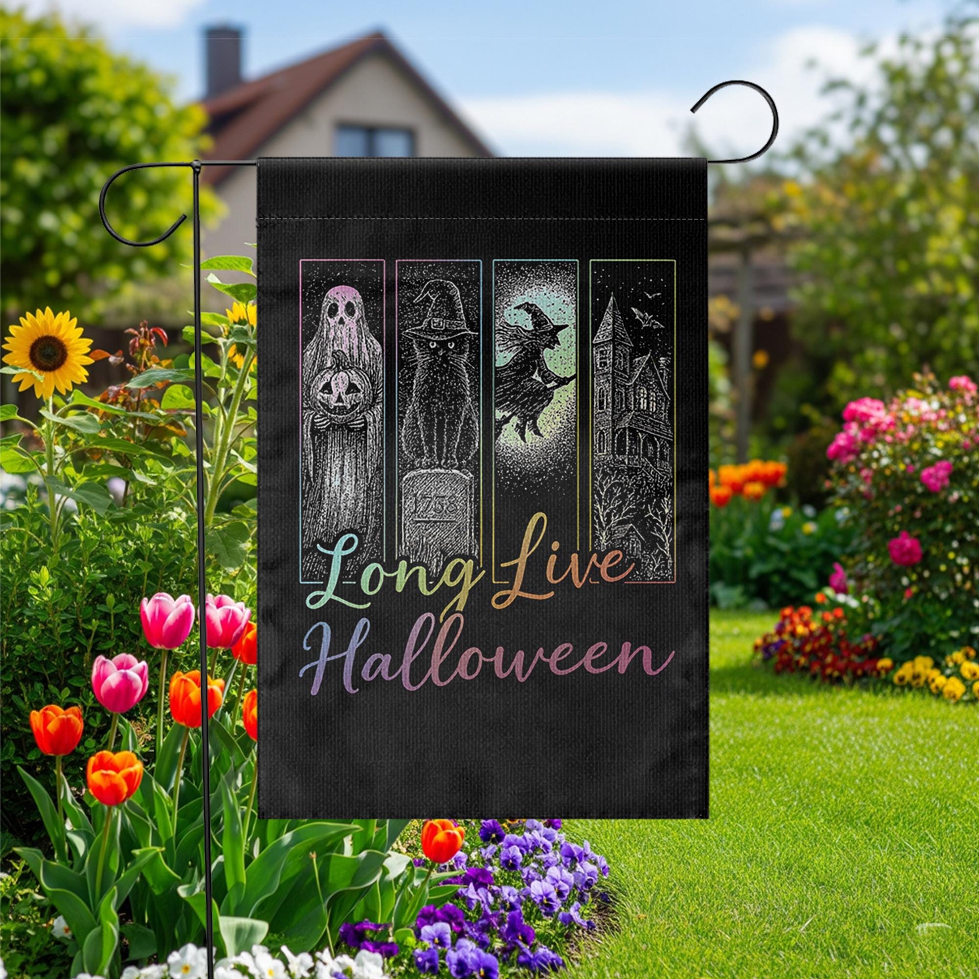 Long Live Halloween Garden Flag, Spooky Witch Ghost Outdoor Decor, Gothic Haunted House Yard Sign, Halloween Porch Banner