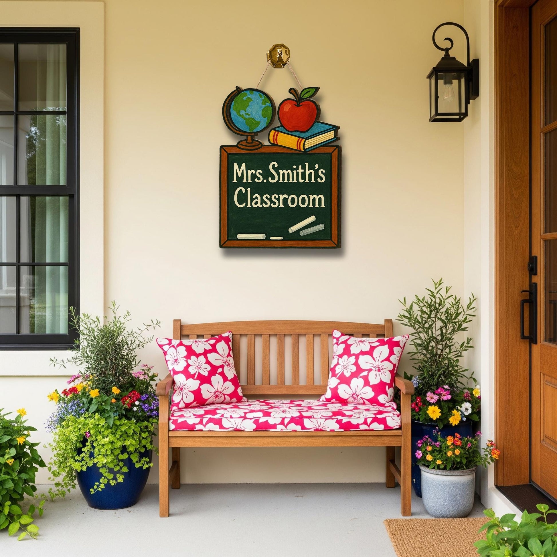 Chalkboard Classroom Door Sign, Teacher Name Sign with Globe and Apple, Back to School Decor, Personalized Wooden Classroom Sign
