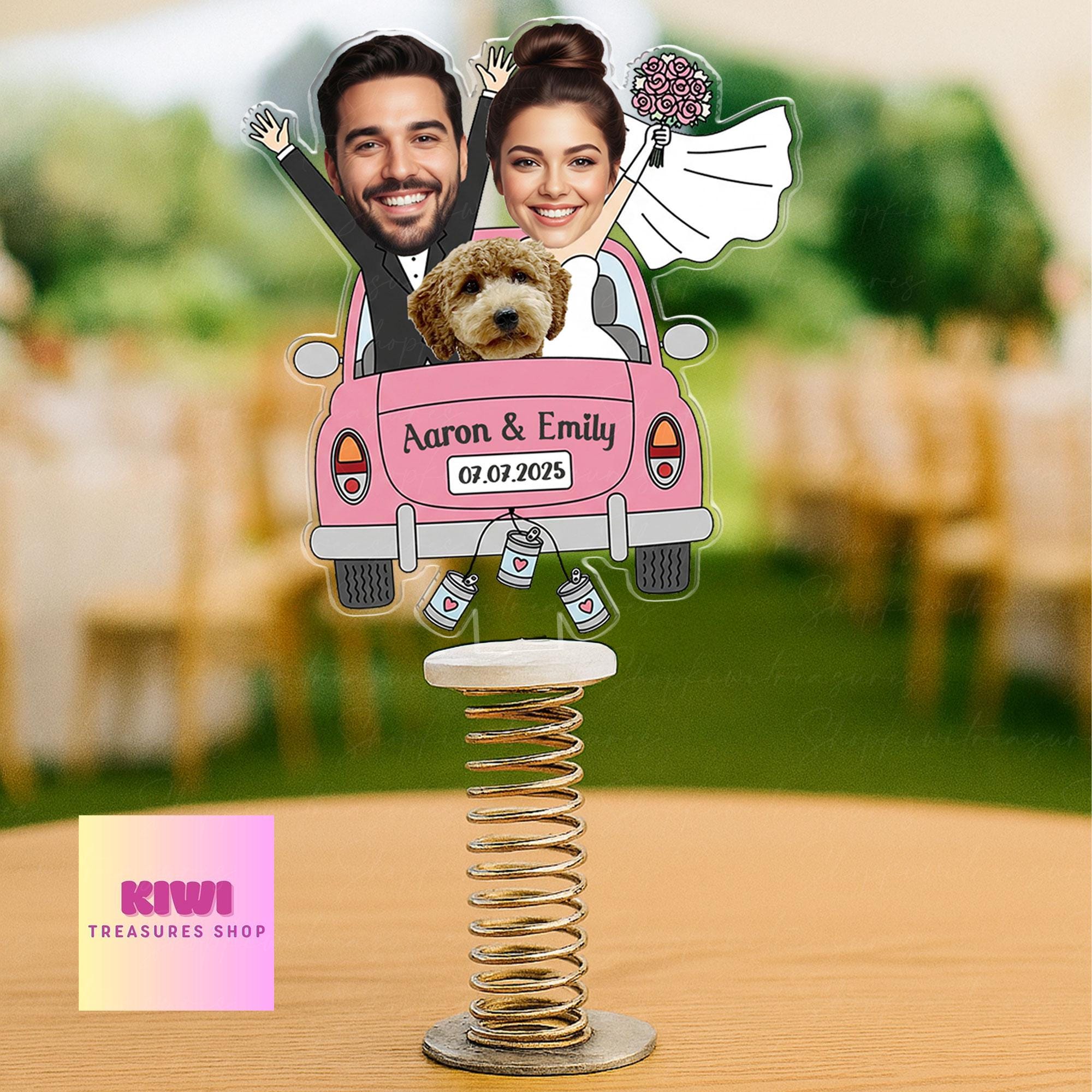Custom Wedding Car Photo Standee – Personalized Spring Acrylic Couple Figurine with Pet – Funny Just Married Cake Topper