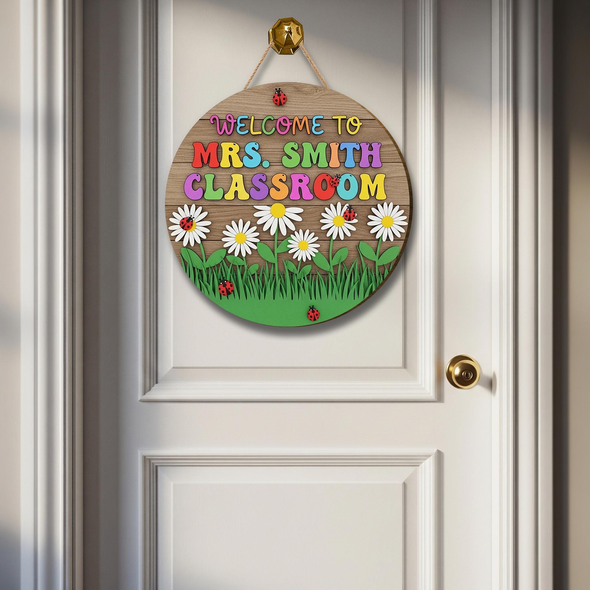 Welcome Classroom 3D Door Sign, Colorful Teacher Wood Sign with Daisies and Ladybugs, Spring School Decor, Personalized Classroom Gift