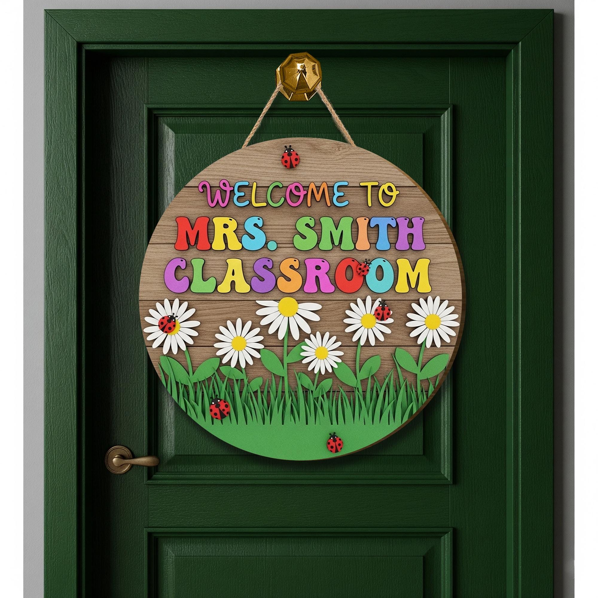 Welcome Classroom 3D Door Sign, Colorful Teacher Wood Sign with Daisies and Ladybugs, Spring School Decor, Personalized Classroom Gift