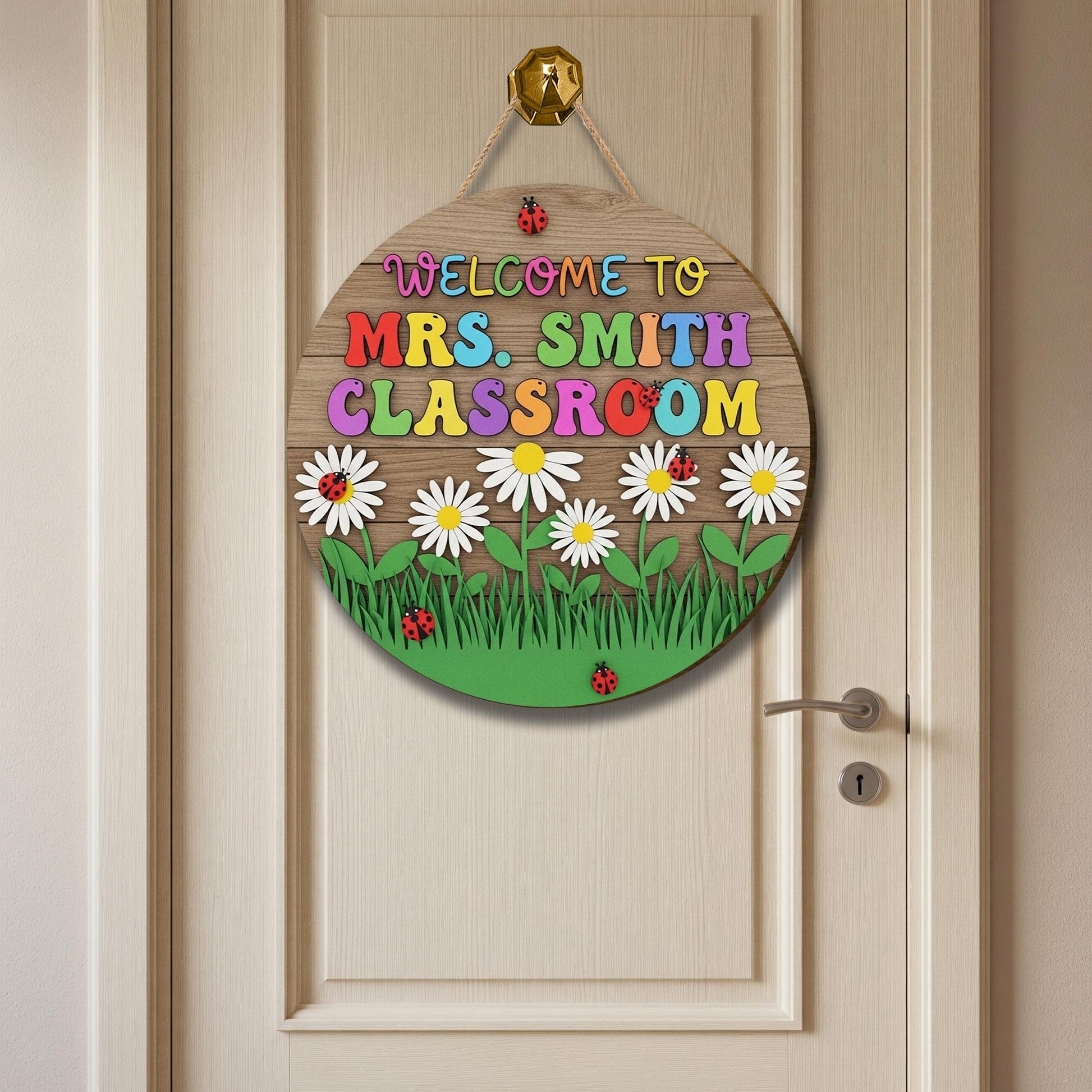 Welcome Classroom 3D Door Sign, Colorful Teacher Wood Sign with Daisies and Ladybugs, Spring School Decor, Personalized Classroom Gift