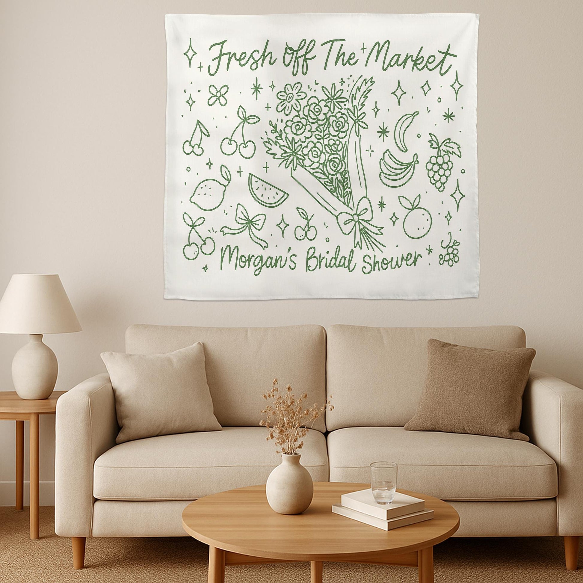 Fresh Off The Market Bridal Shower Tapestry, Fruit Theme Wall Banner, Custom Name Wedding Decor, Funny Engagement Party Sign