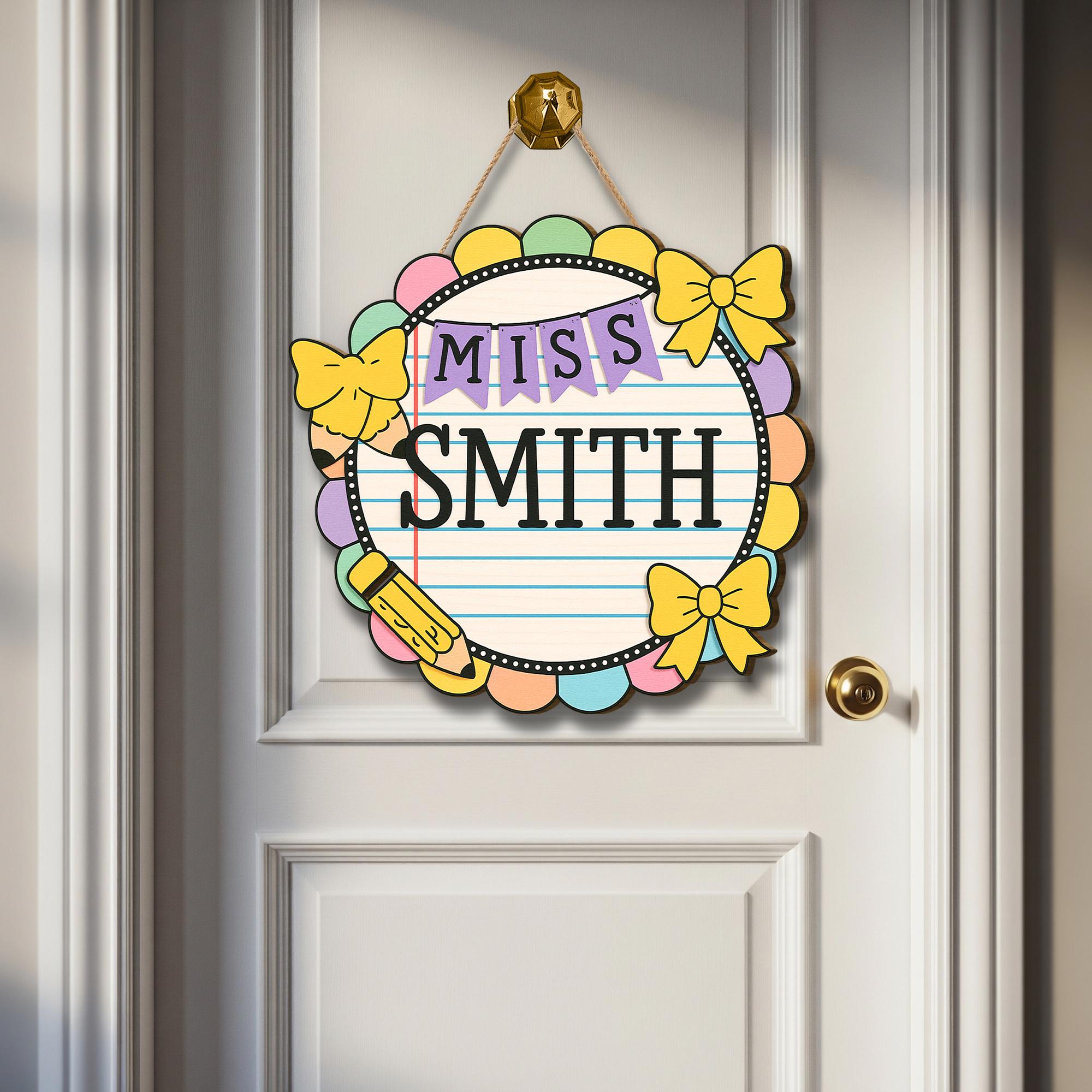 Pastel Teacher Door Sign, Personalized Classroom Sign with Bows and Pencil, Cute School Decor, Custom Wood Sign for Teachers