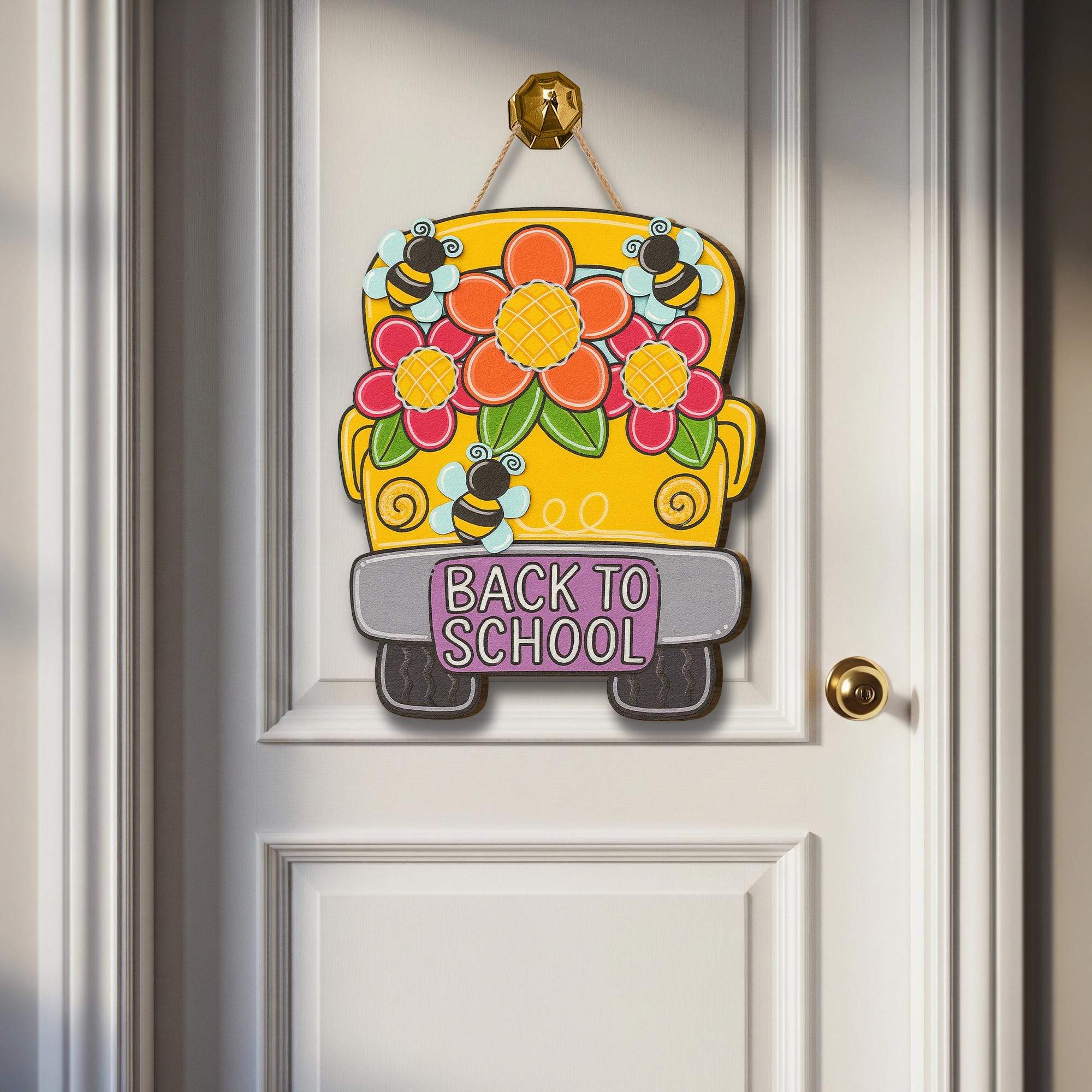 Back to School Door Sign, Yellow Bus Classroom Decor with Bees and Flowers, Teacher Welcome Sign, First Day of School Gift