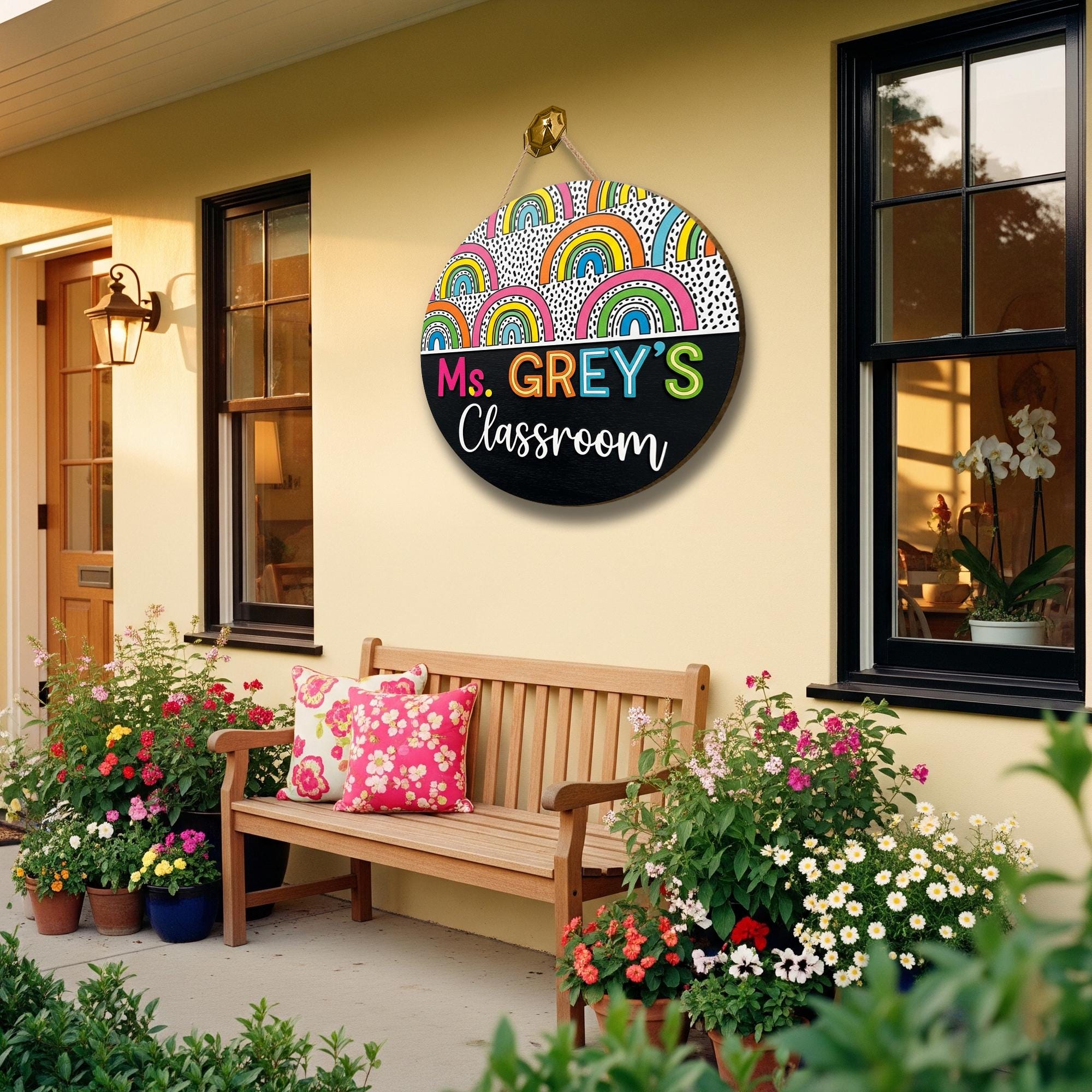 Rainbow Teacher Door Sign, Personalized Classroom Decor with Black and White Dots, Colorful Back to School Gift, Custom Wood Sign