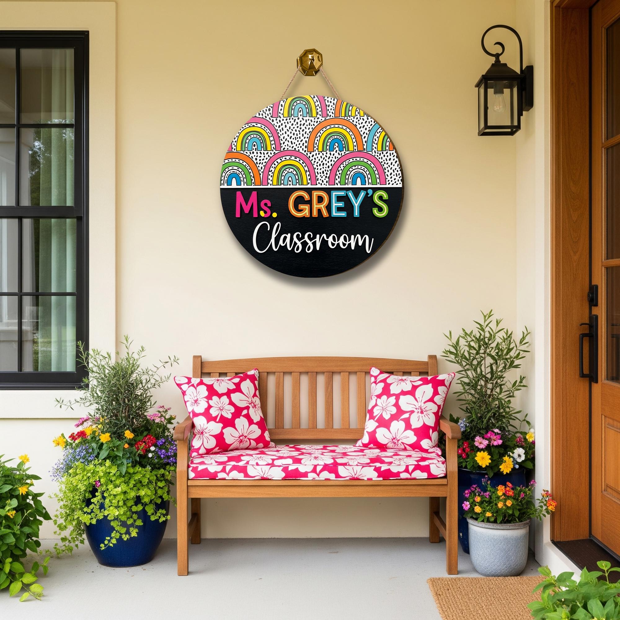 Rainbow Teacher Door Sign, Personalized Classroom Decor with Black and White Dots, Colorful Back to School Gift, Custom Wood Sign