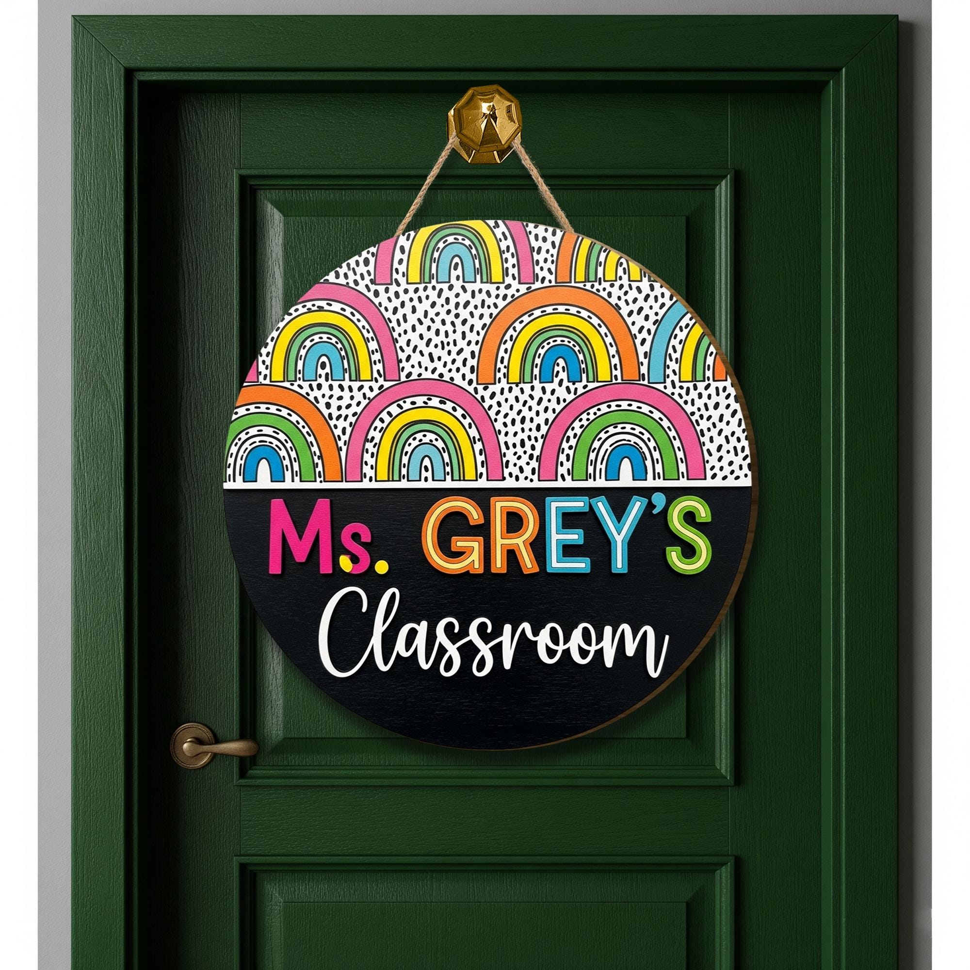 Rainbow Teacher Door Sign, Personalized Classroom Decor with Black and White Dots, Colorful Back to School Gift, Custom Wood Sign