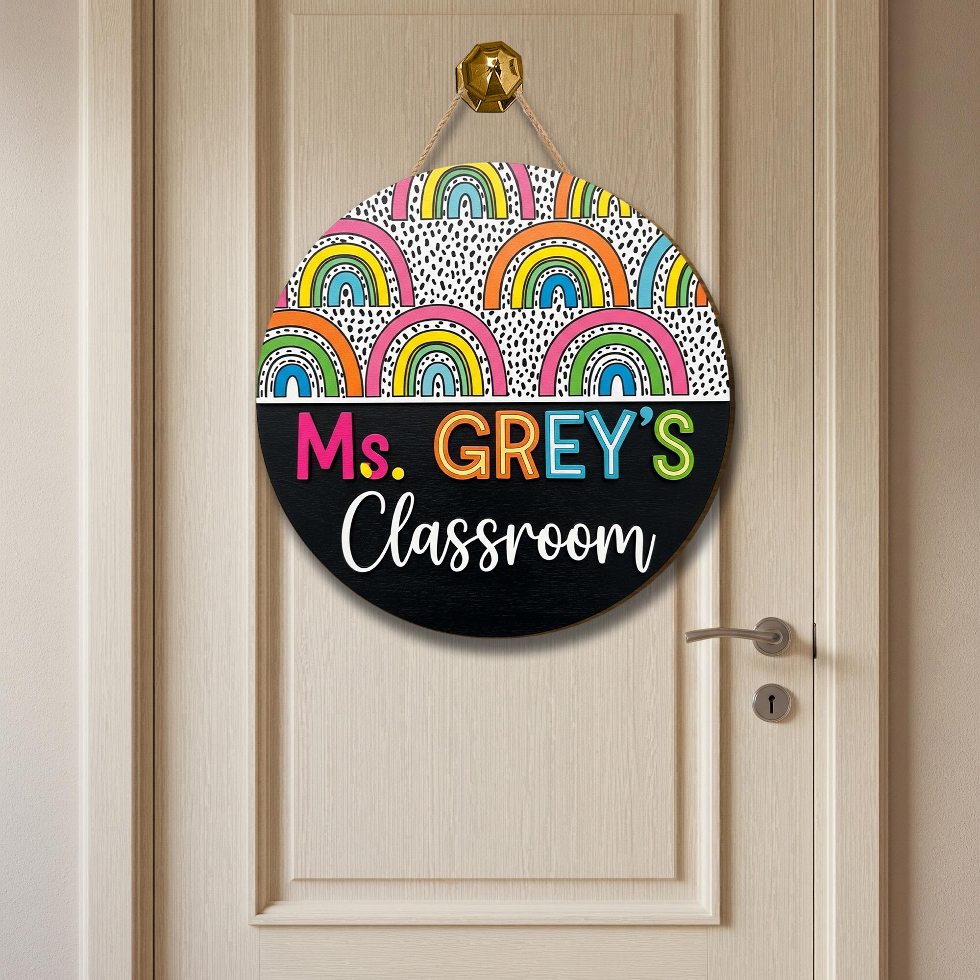 Rainbow Teacher Door Sign, Personalized Classroom Decor with Black and White Dots, Colorful Back to School Gift, Custom Wood Sign