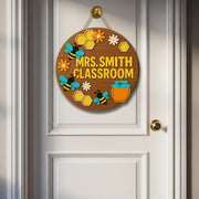 Bee Classroom Door Sign, Personalized Teacher Sign with Honeycomb and Flowers, Custom Back to School Decor, Wood Round Door Hanger