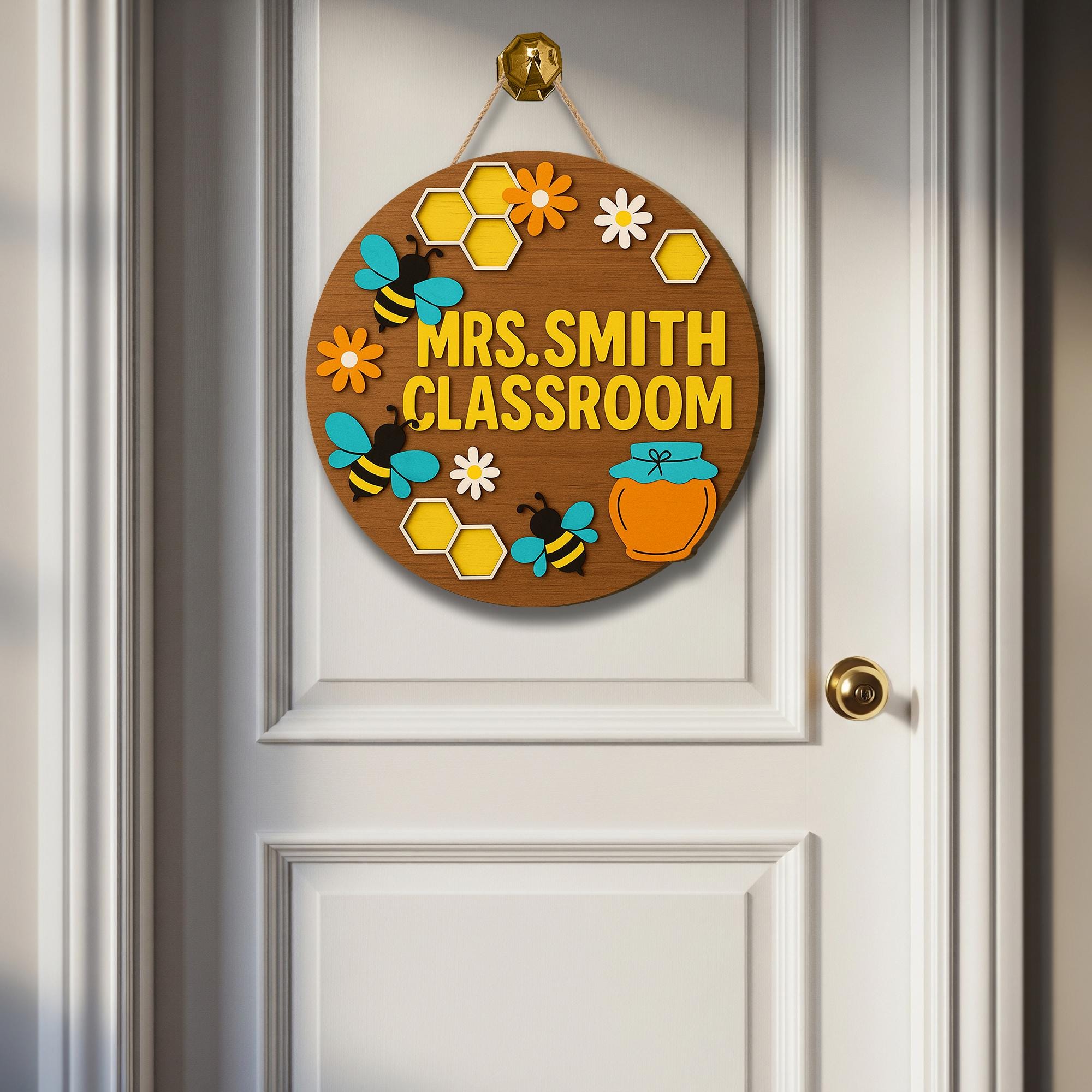Bee Classroom Door Sign, Personalized Teacher Sign with Honeycomb and Flowers, Custom Back to School Decor, Wood Round Door Hanger