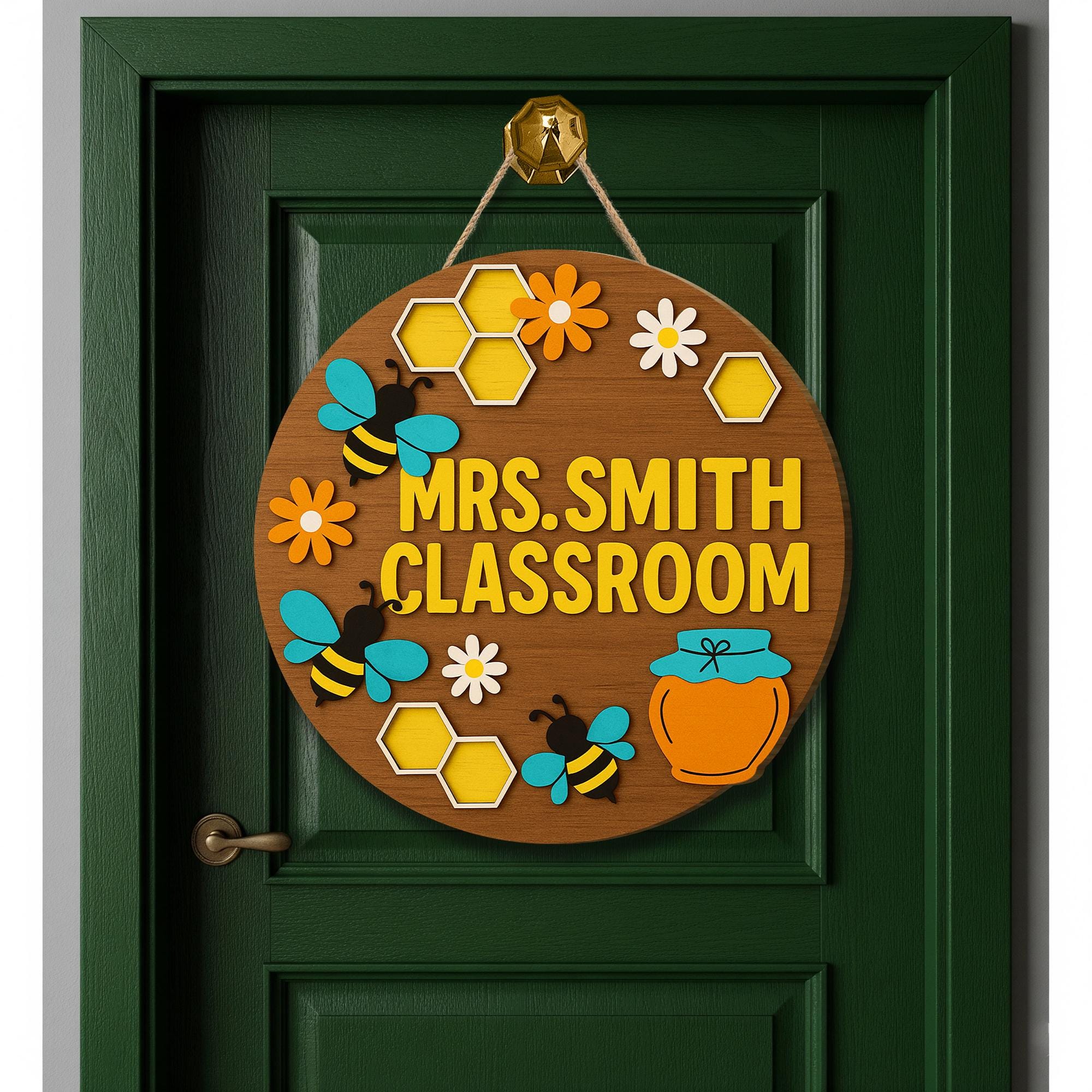Bee Classroom Door Sign, Personalized Teacher Sign with Honeycomb and Flowers, Custom Back to School Decor, Wood Round Door Hanger