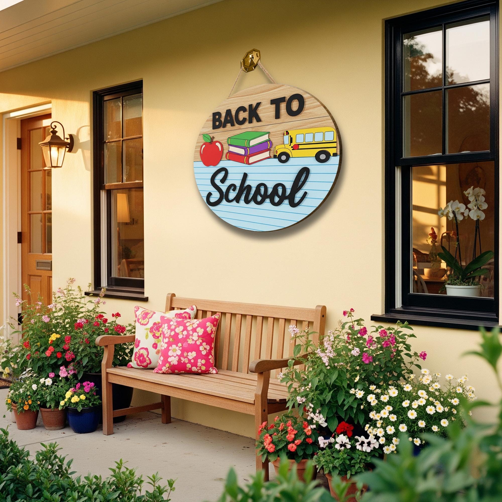 Back to School Door Sign, Classroom Decor with Books, Bus, and Apple, Teacher Welcome Sign, First Day of School Wood Hanger