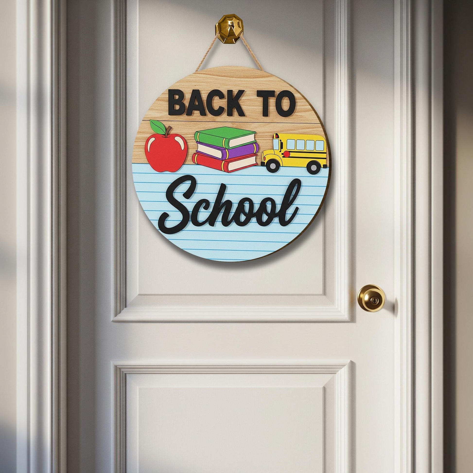 Back to School Door Sign, Classroom Decor with Books, Bus, and Apple, Teacher Welcome Sign, First Day of School Wood Hanger