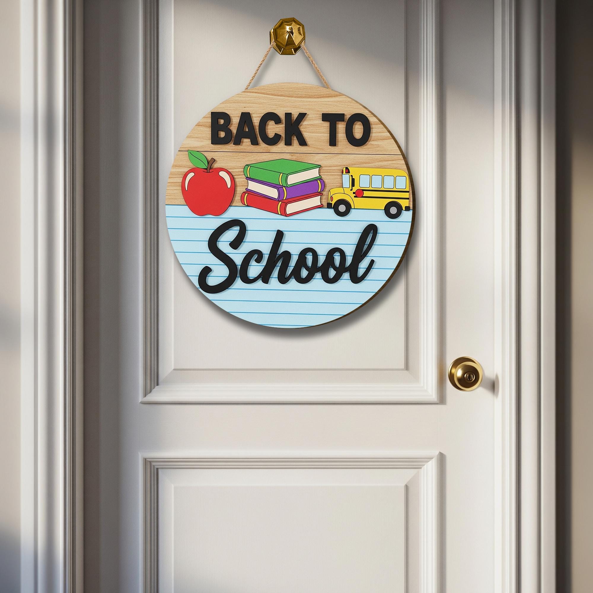 Back to School Door Sign, Classroom Decor with Books, Bus, and Apple, Teacher Welcome Sign, First Day of School Wood Hanger
