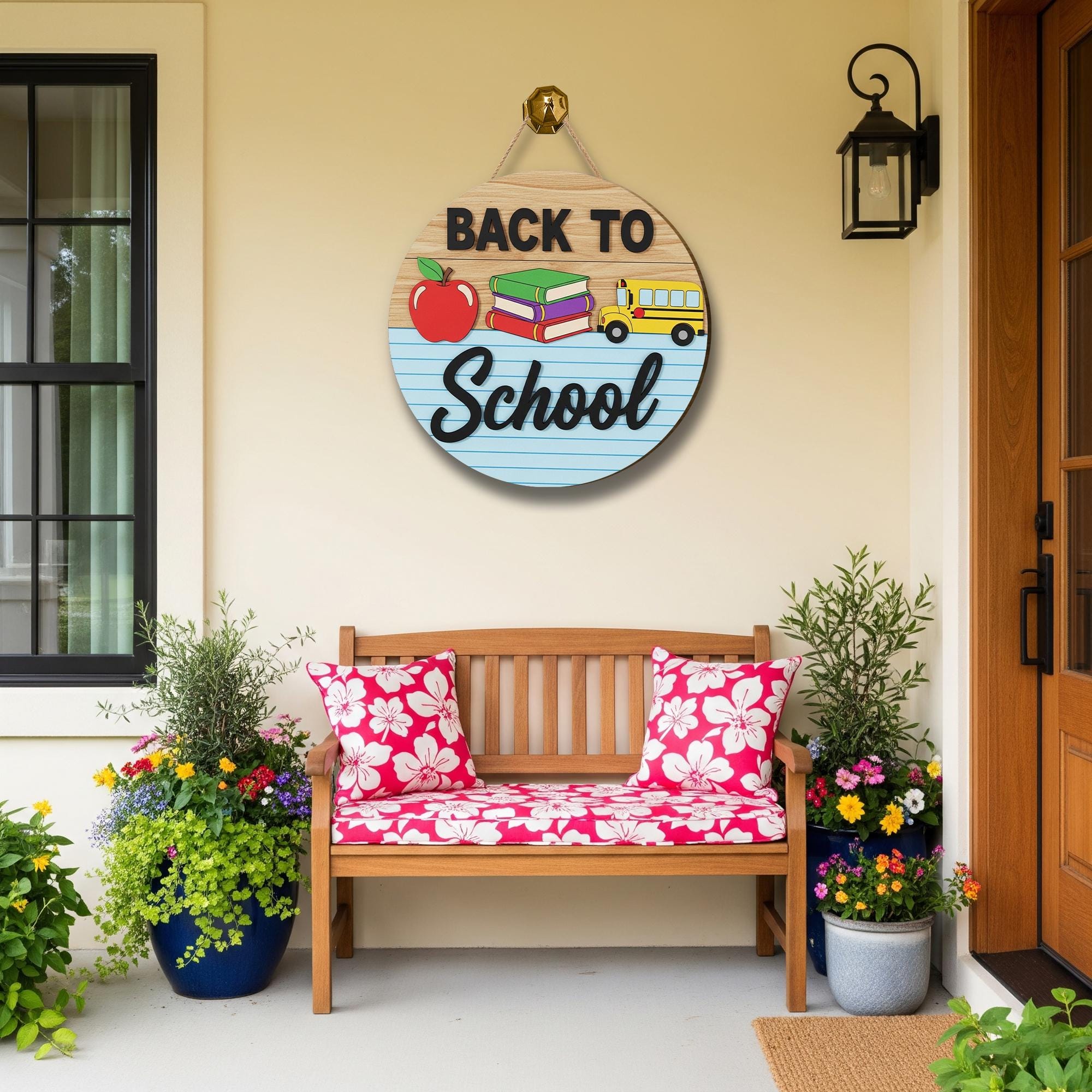 Back to School Door Sign, Classroom Decor with Books, Bus, and Apple, Teacher Welcome Sign, First Day of School Wood Hanger