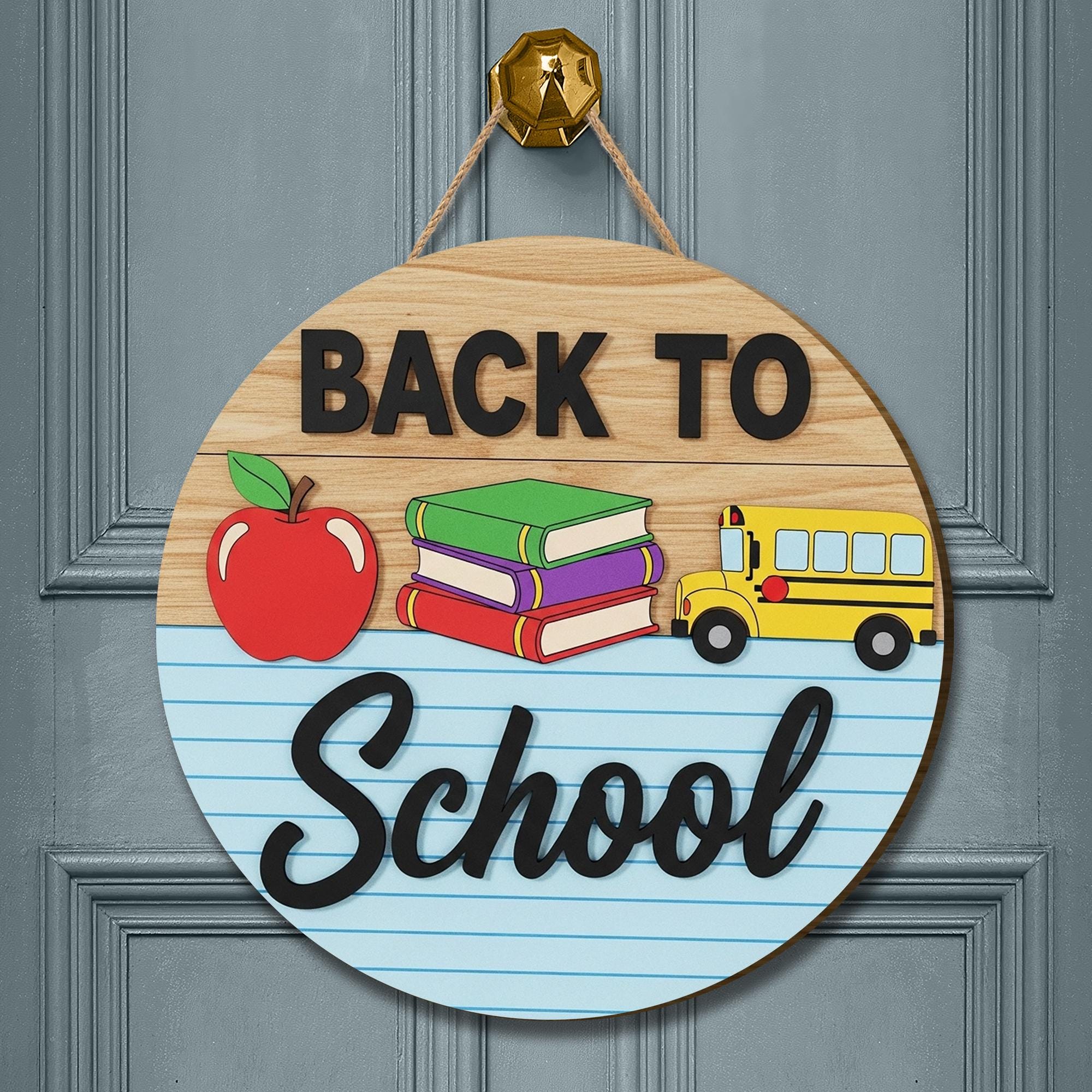 Back to School Door Sign, Classroom Decor with Books, Bus, and Apple, Teacher Welcome Sign, First Day of School Wood Hanger