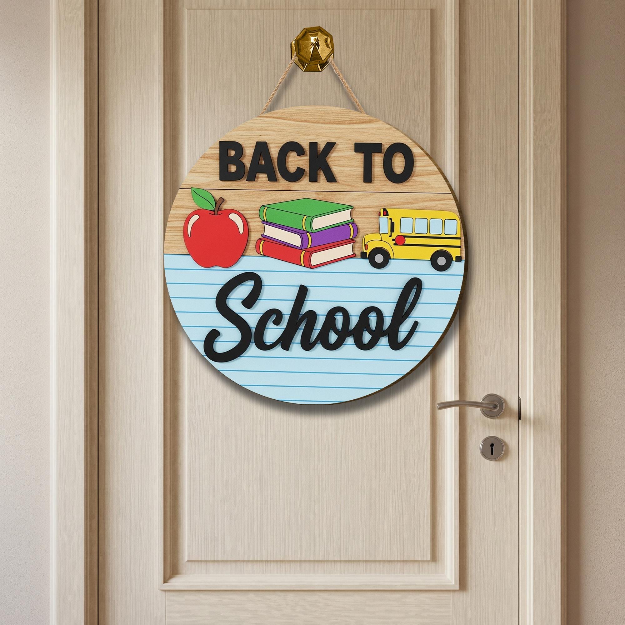 Back to School Door Sign, Classroom Decor with Books, Bus, and Apple, Teacher Welcome Sign, First Day of School Wood Hanger