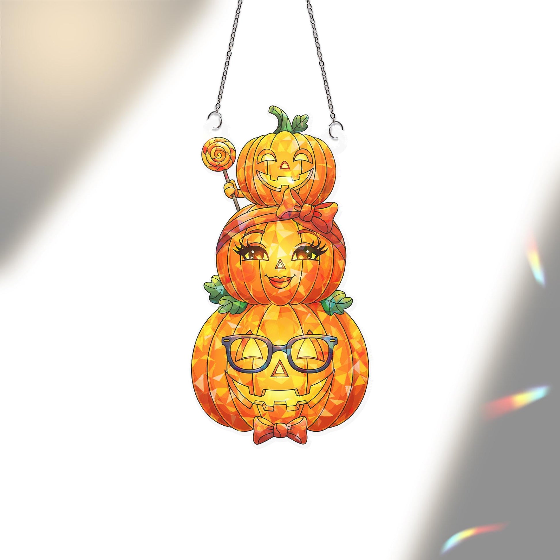 Cute Halloween Pumpkin Family Suncatcher – Stained Glass Style Fall Decor, Hanging Window Ornament