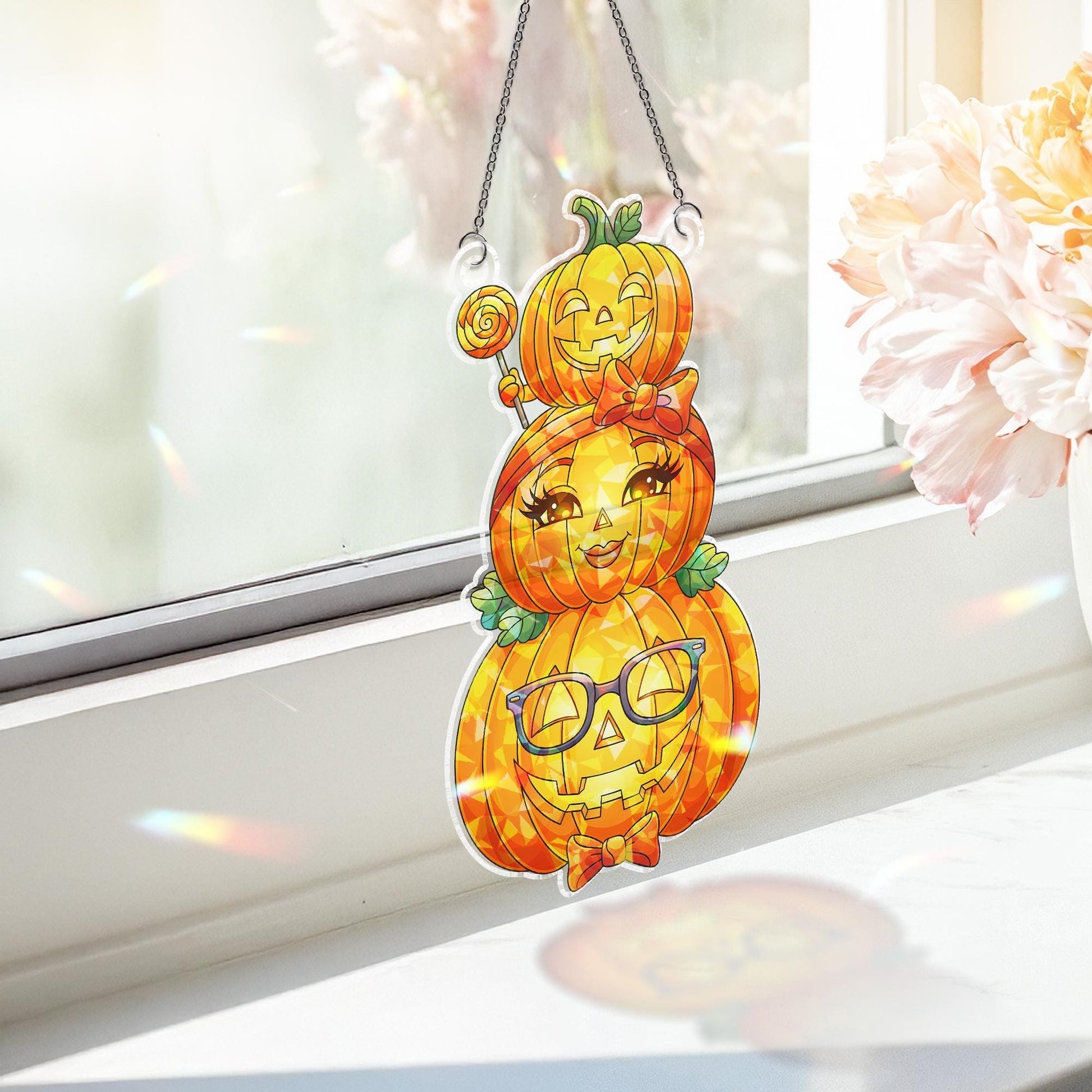 Cute Halloween Pumpkin Family Suncatcher – Stained Glass Style Fall Decor, Hanging Window Ornament
