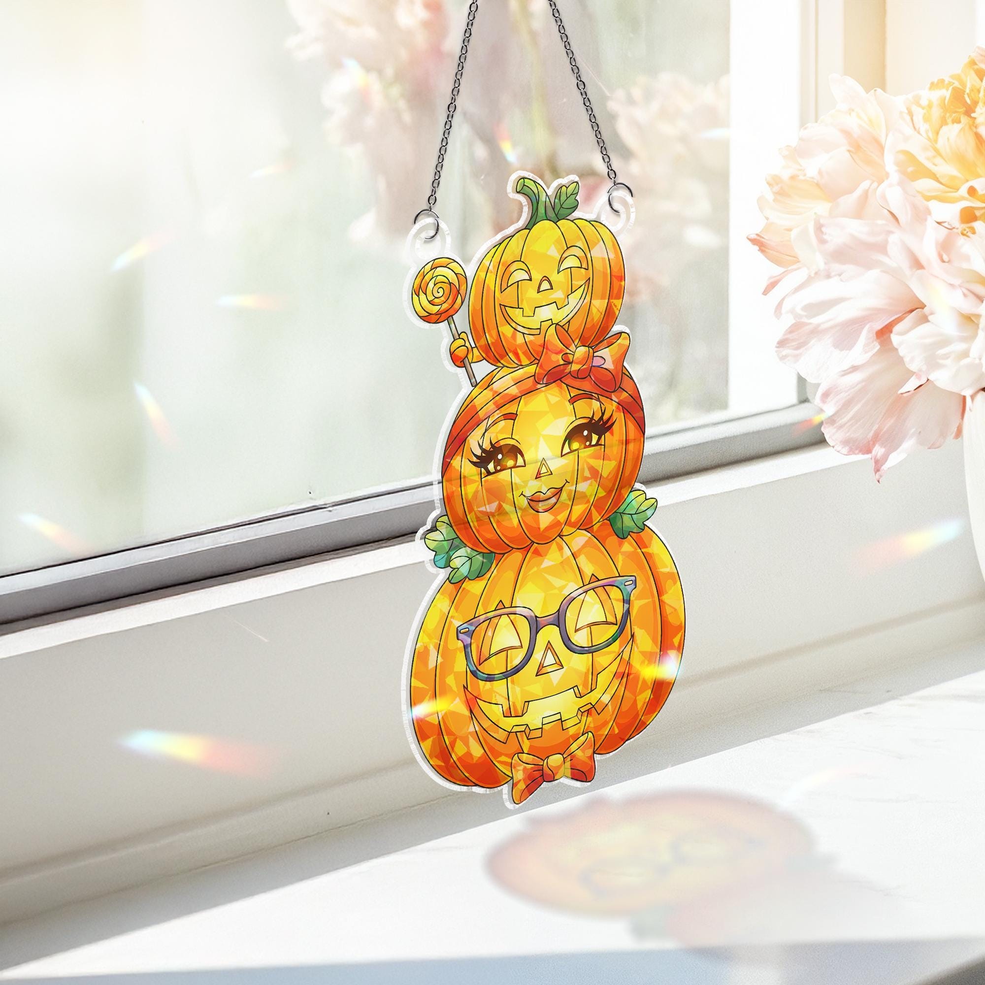 Cute Halloween Pumpkin Family Suncatcher – Stained Glass Style Fall Decor, Hanging Window Ornament