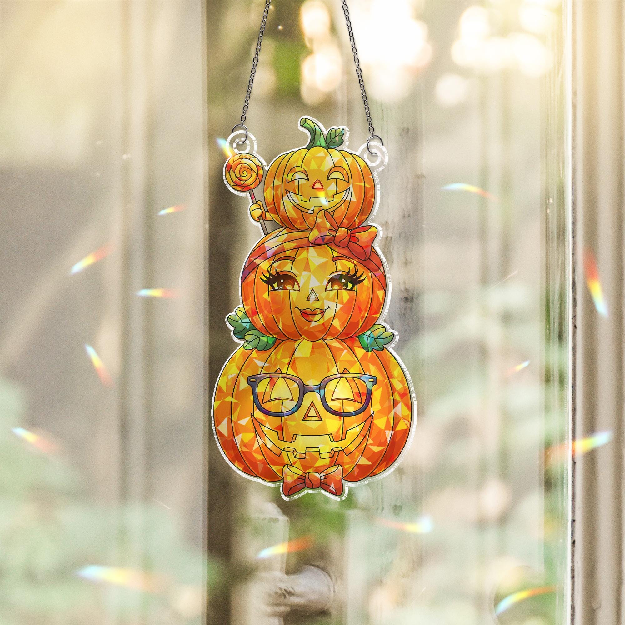 Cute Halloween Pumpkin Family Suncatcher – Stained Glass Style Fall Decor, Hanging Window Ornament