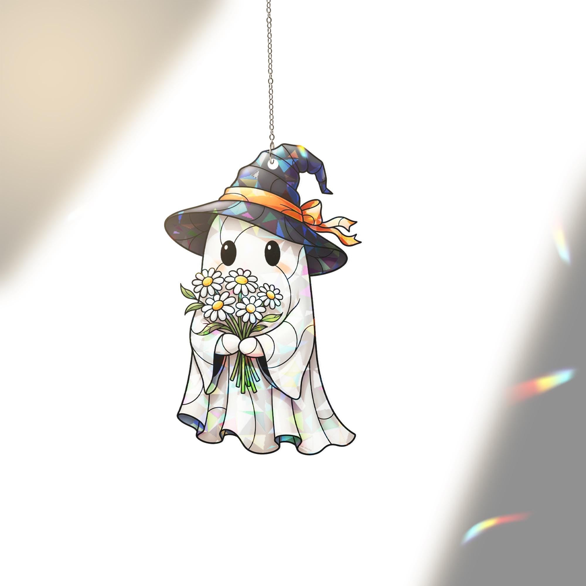 Cute Ghost with Flowers Suncatcher – Halloween Witch Hat Stained Glass Window Decor