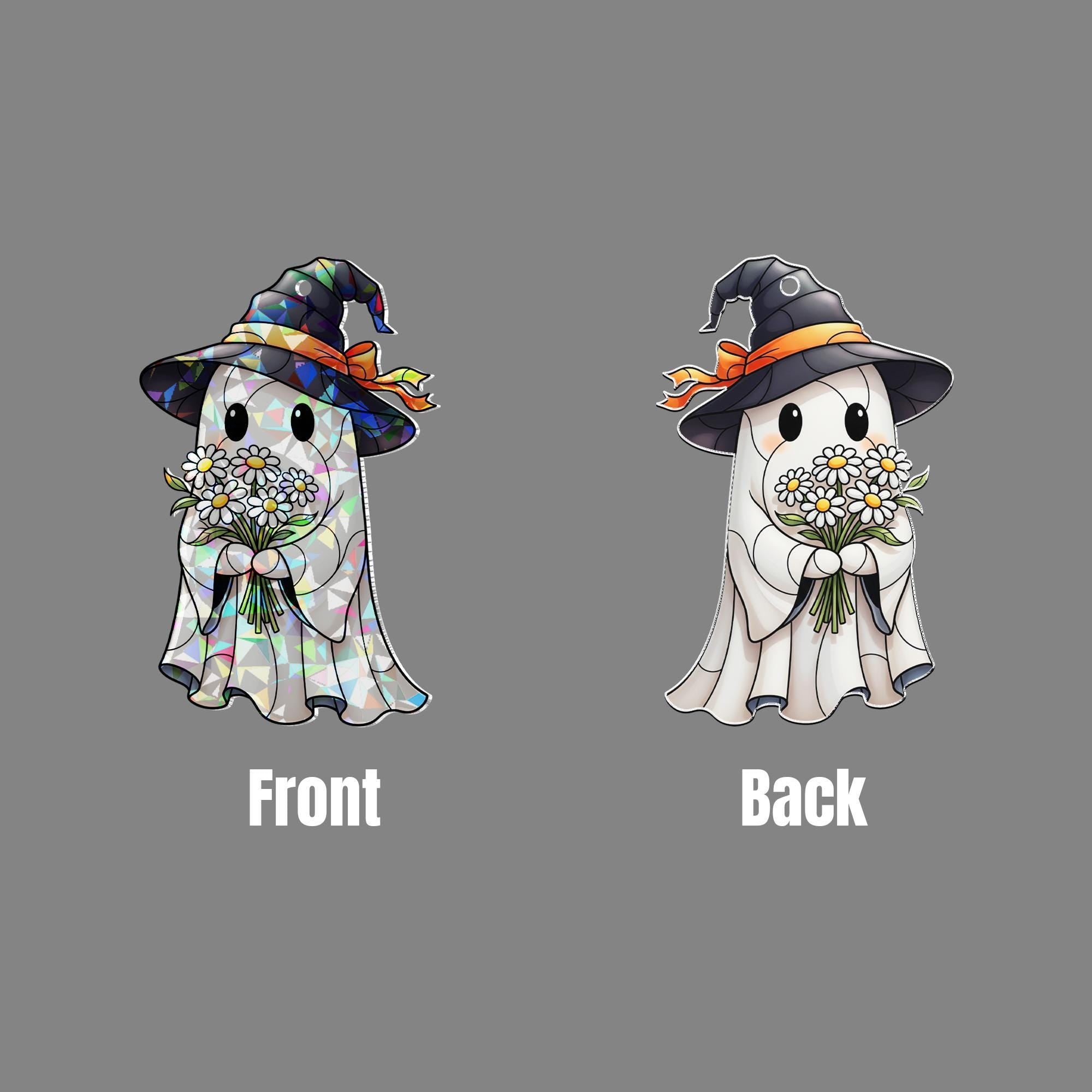 Cute Ghost with Flowers Suncatcher – Halloween Witch Hat Stained Glass Window Decor