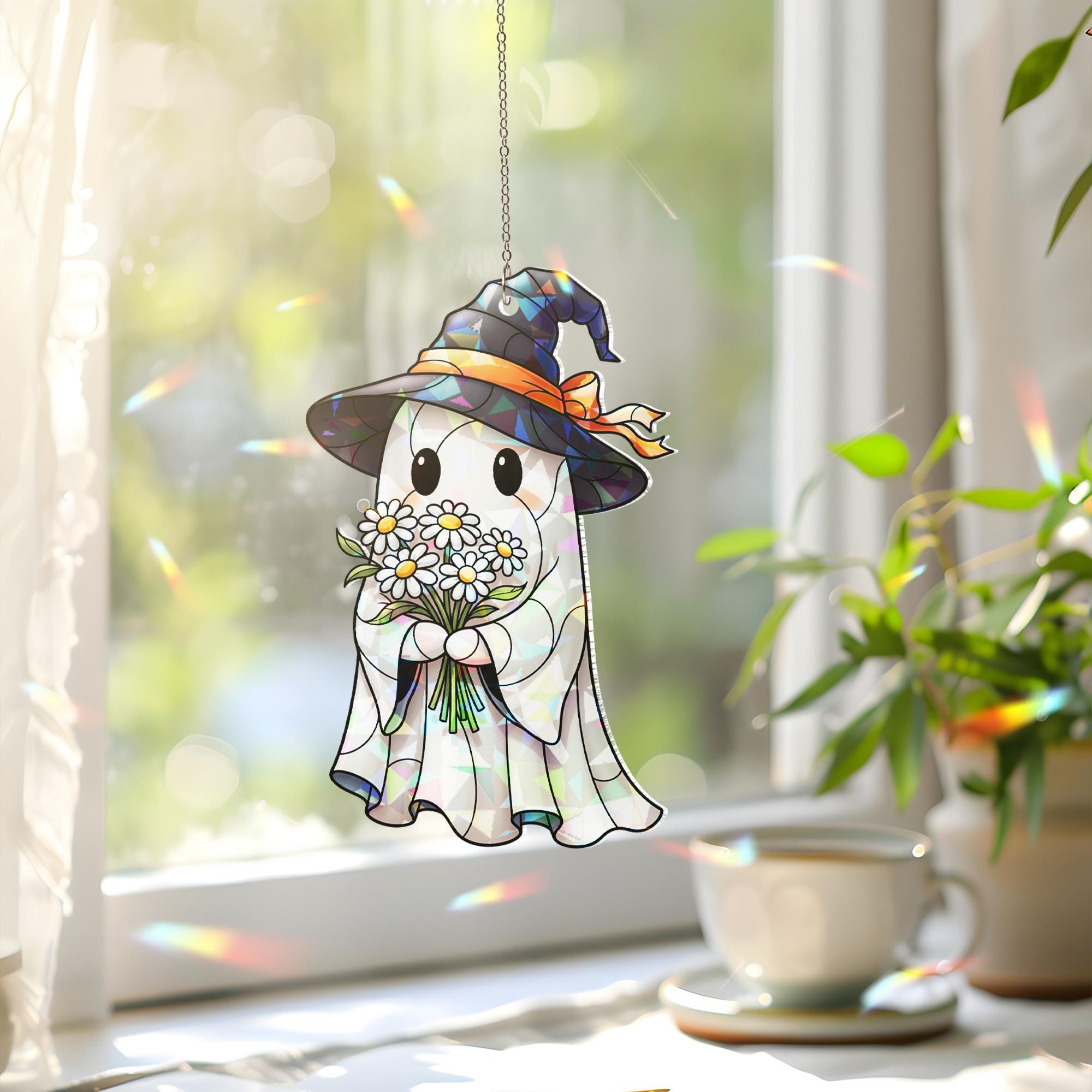 Cute Ghost with Flowers Suncatcher – Halloween Witch Hat Stained Glass Window Decor