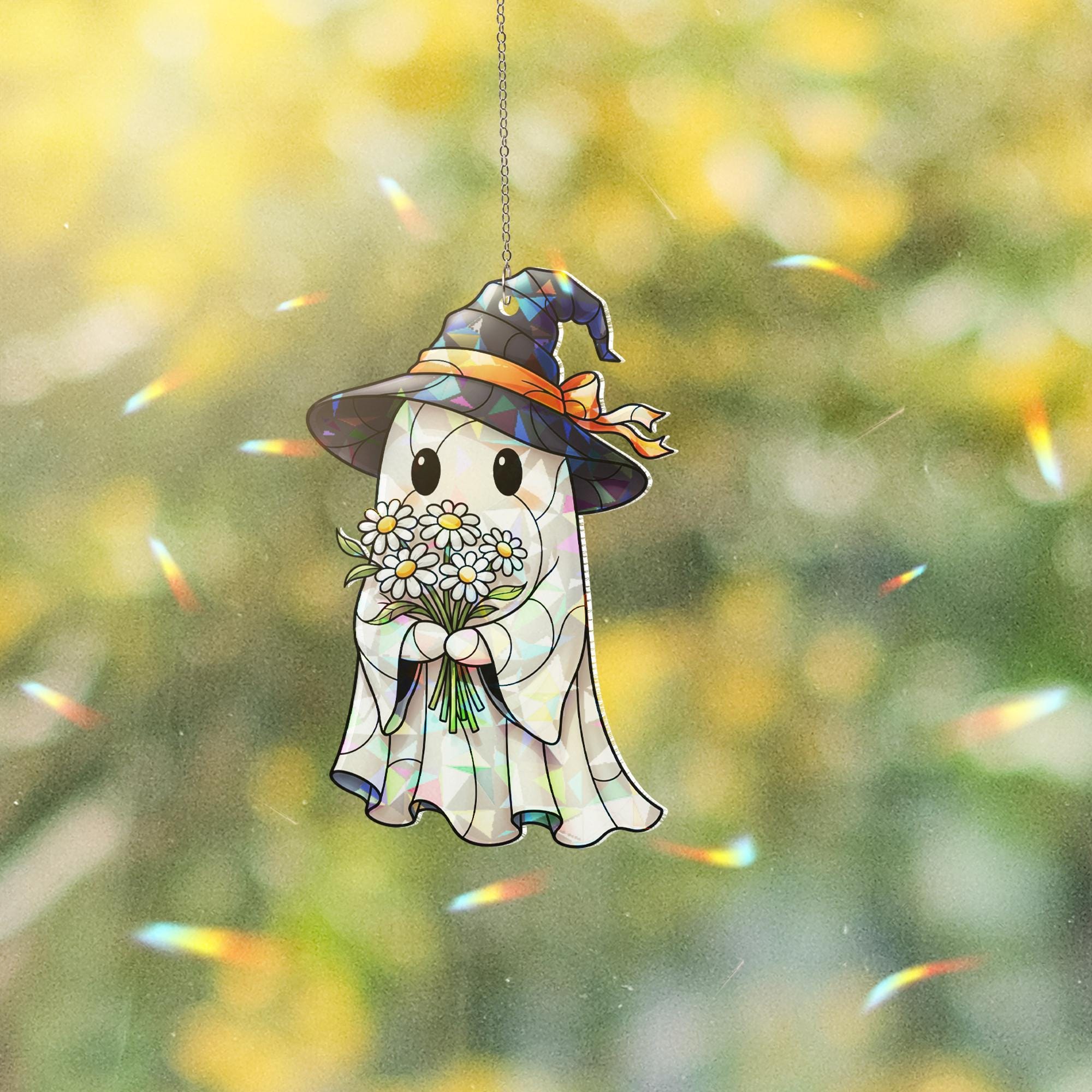 Cute Ghost with Flowers Suncatcher – Halloween Witch Hat Stained Glass Window Decor