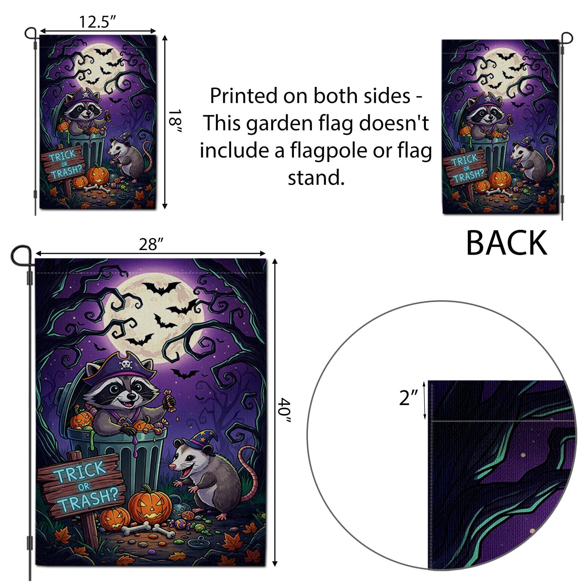 Funny Raccoon & Opossum Halloween Garden Flag – Trick or Trash Yard Decor for Fall