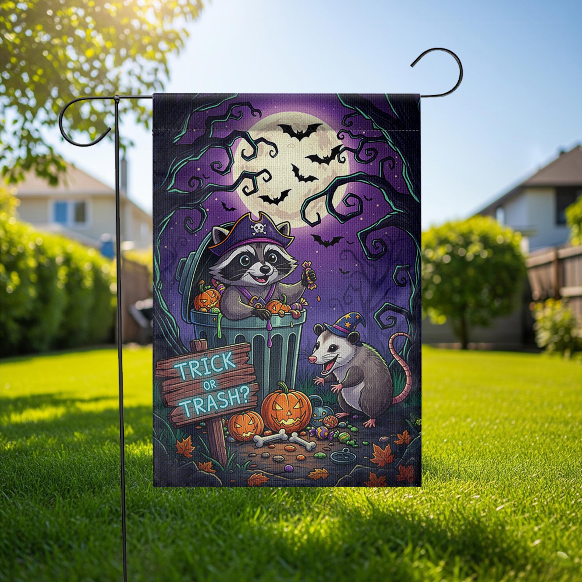 Funny Raccoon & Opossum Halloween Garden Flag – Trick or Trash Yard Decor for Fall