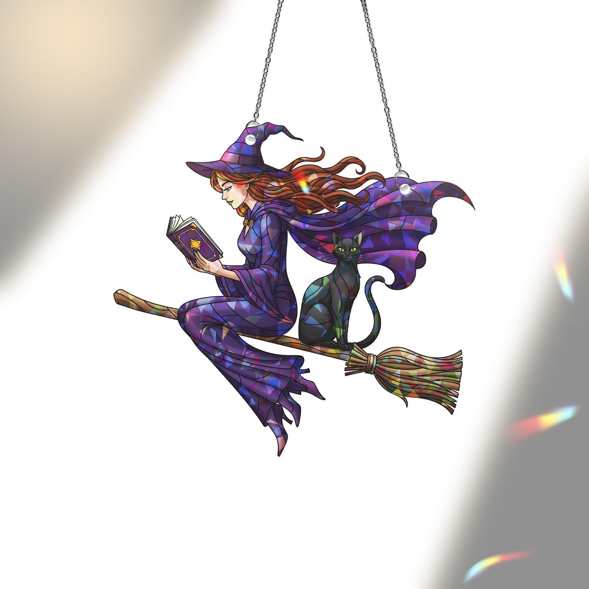 Halloween Witch Suncatcher – Stained Glass Style Flying Witch and Cat Window Decor