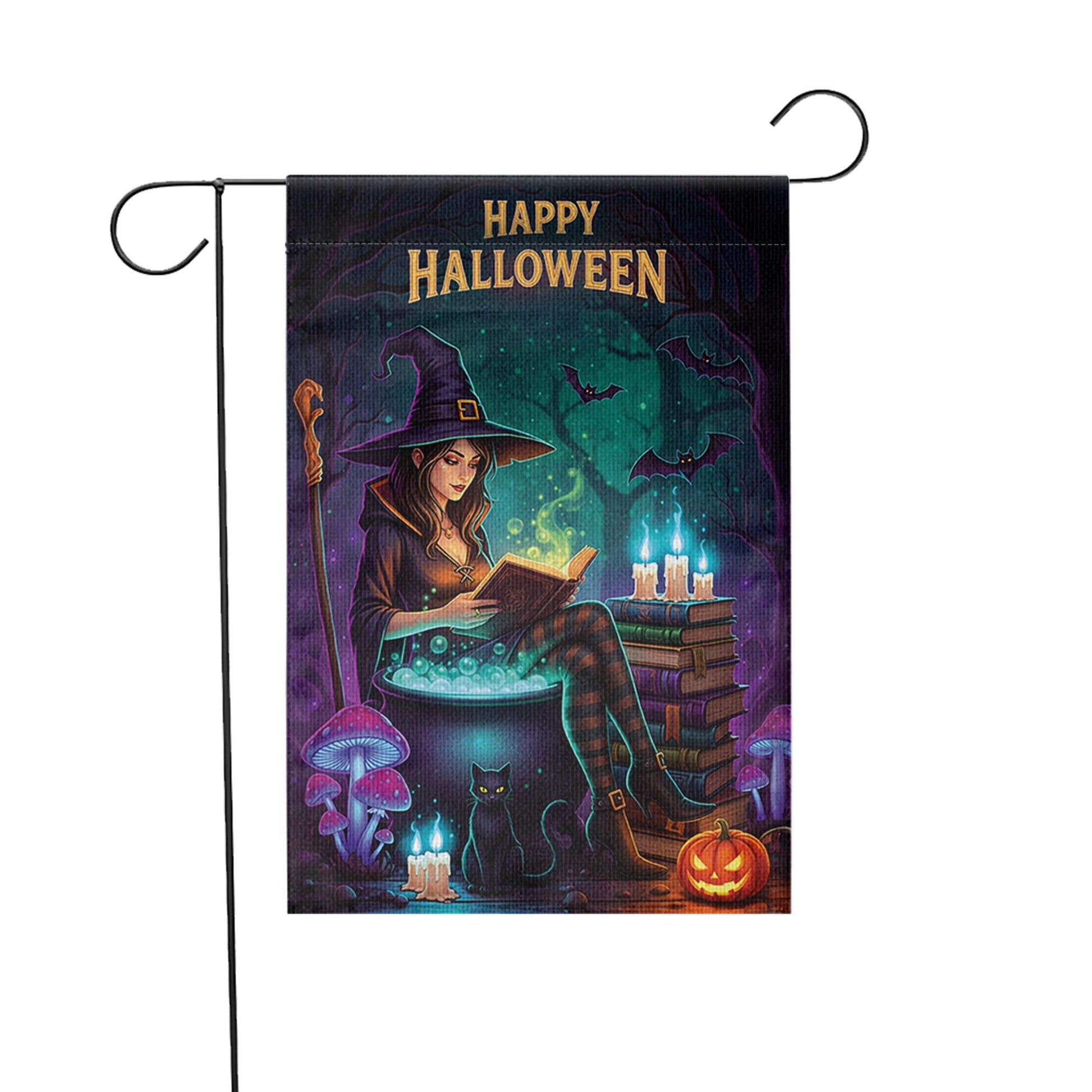 Halloween Witch Garden Flag – Spooky Reading Witch Yard Decor with Cat and Cauldron