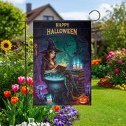 Halloween Witch Garden Flag – Spooky Reading Witch Yard Decor with Cat and Cauldron