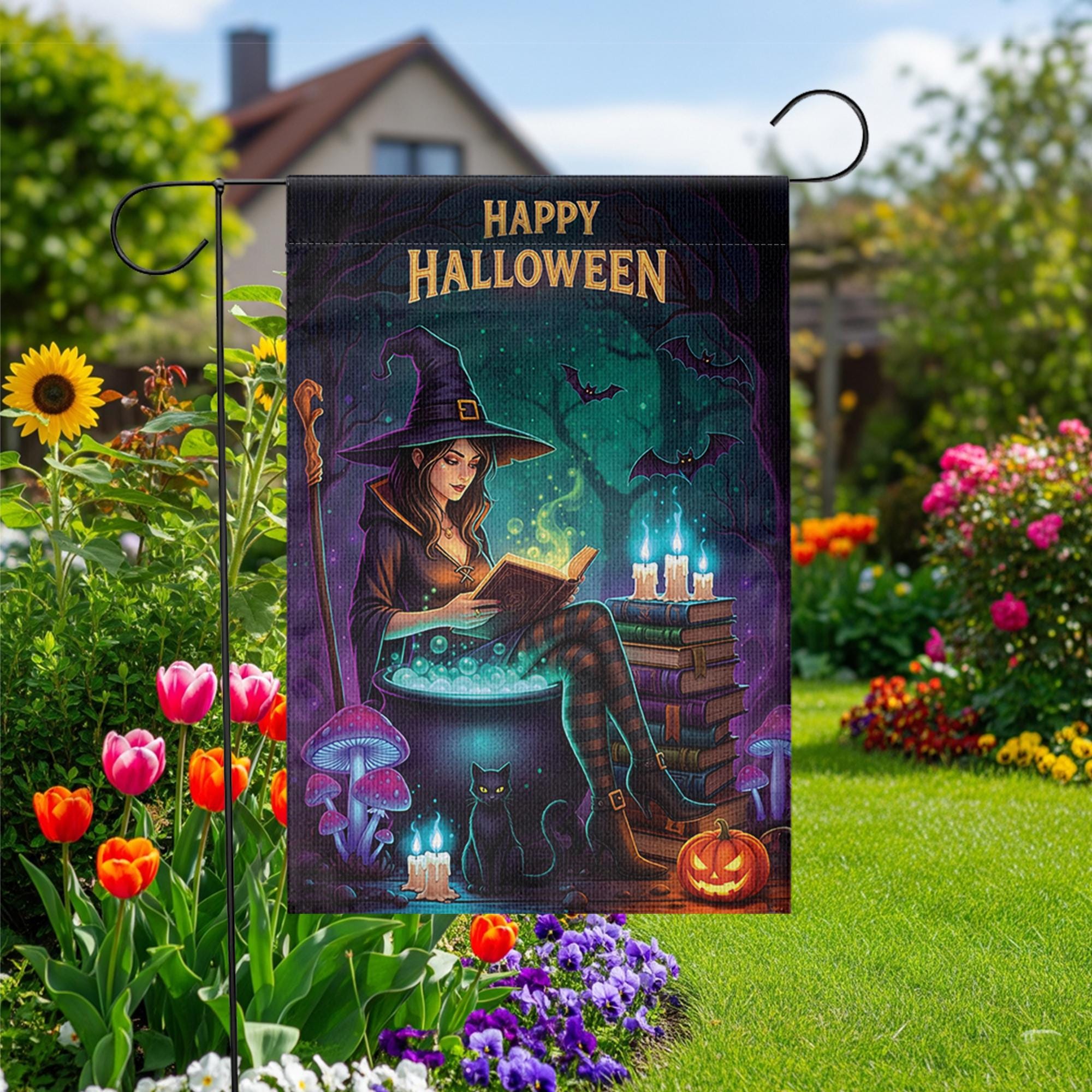 Halloween Witch Garden Flag – Spooky Reading Witch Yard Decor with Cat and Cauldron
