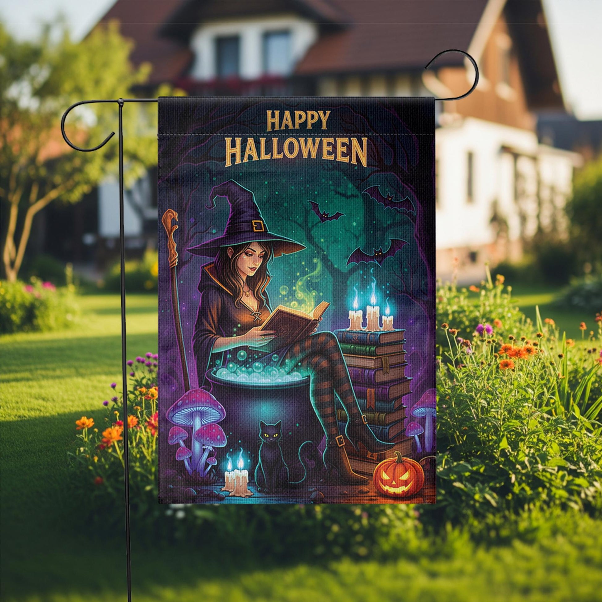 Halloween Witch Garden Flag – Spooky Reading Witch Yard Decor with Cat and Cauldron